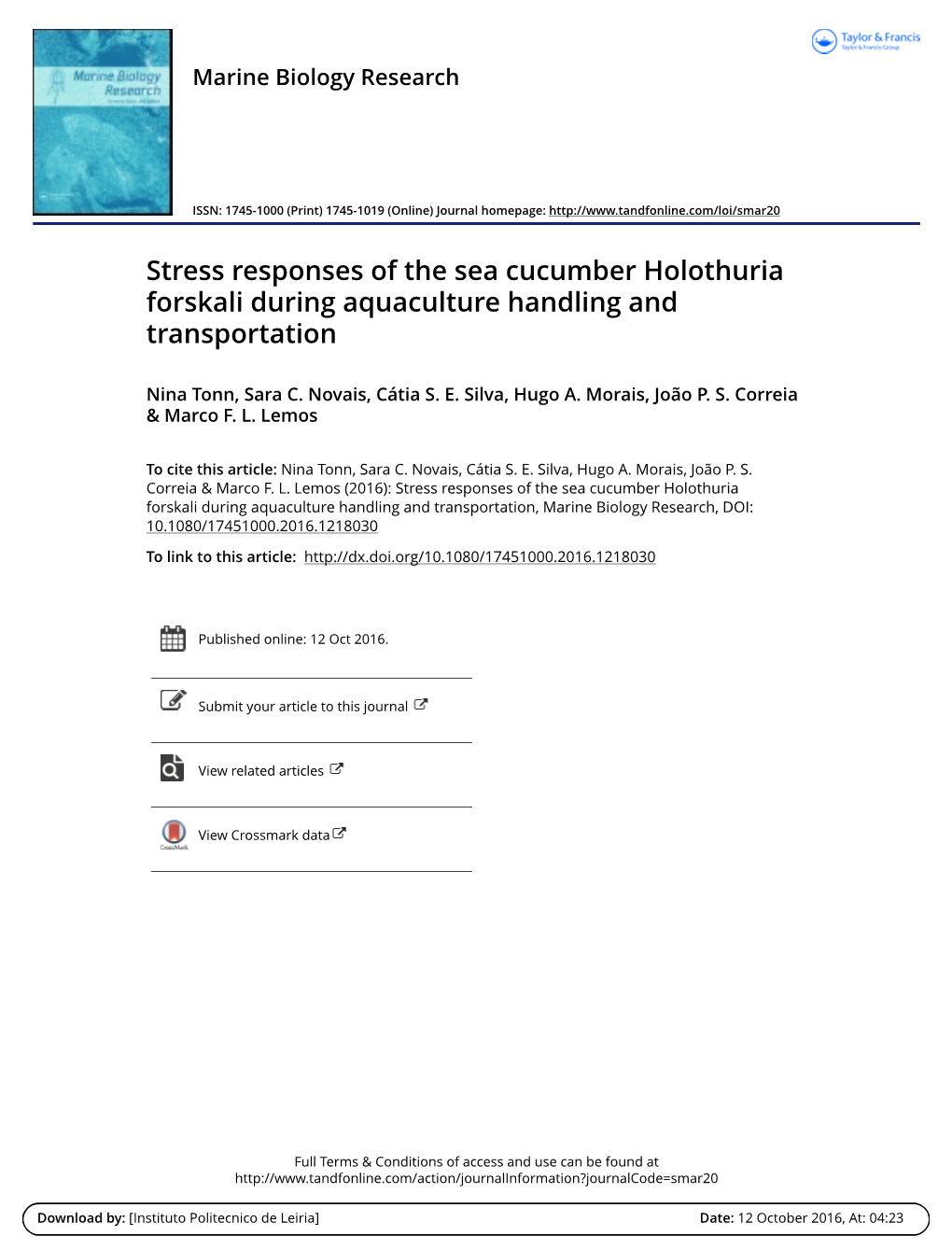 Stress Responses of the Sea Cucumber Holothuria Forskali During Aquaculture Handling and Transportation