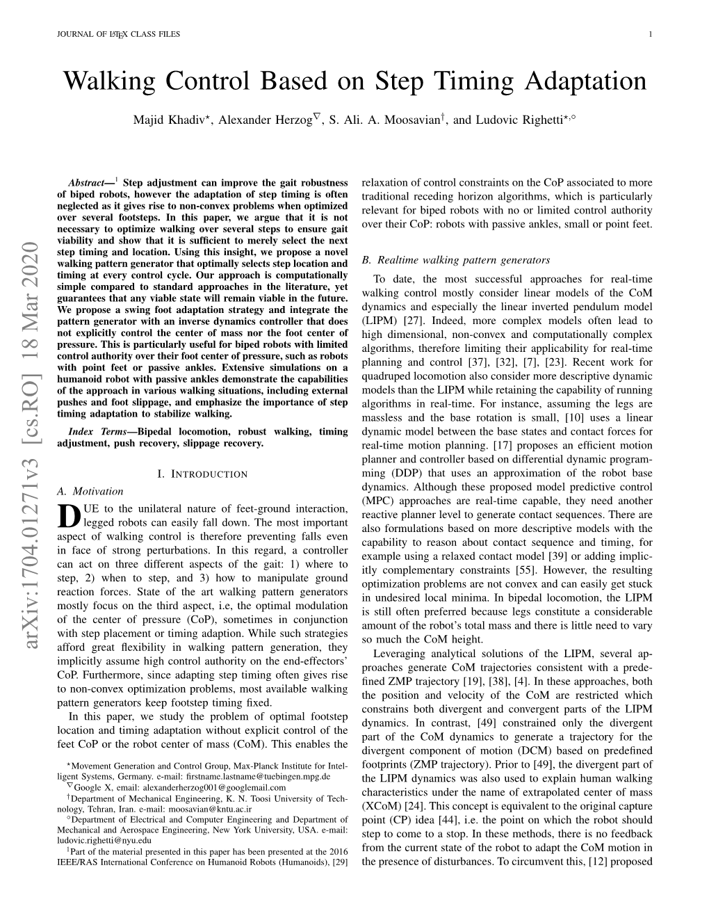 Walking Control Based on Step Timing Adaptation