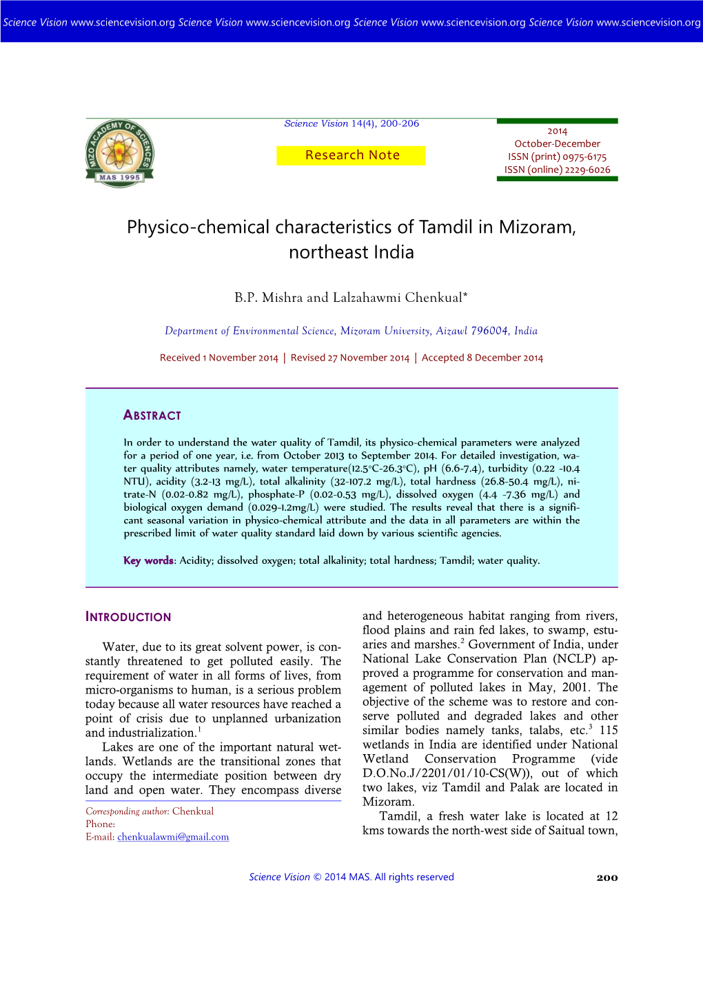Physico-Chemical Characteristics of Tamdil in Mizoram, Northeast India