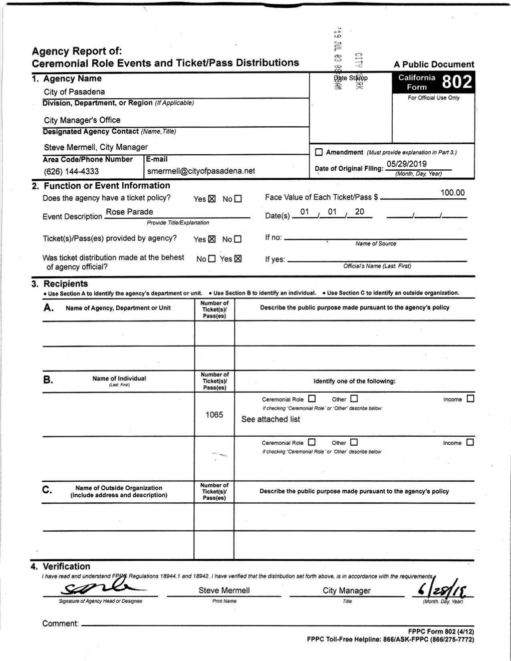 Form City of Pasadena for Official Use Only Division, Department, Or Region (Ifapplicable)