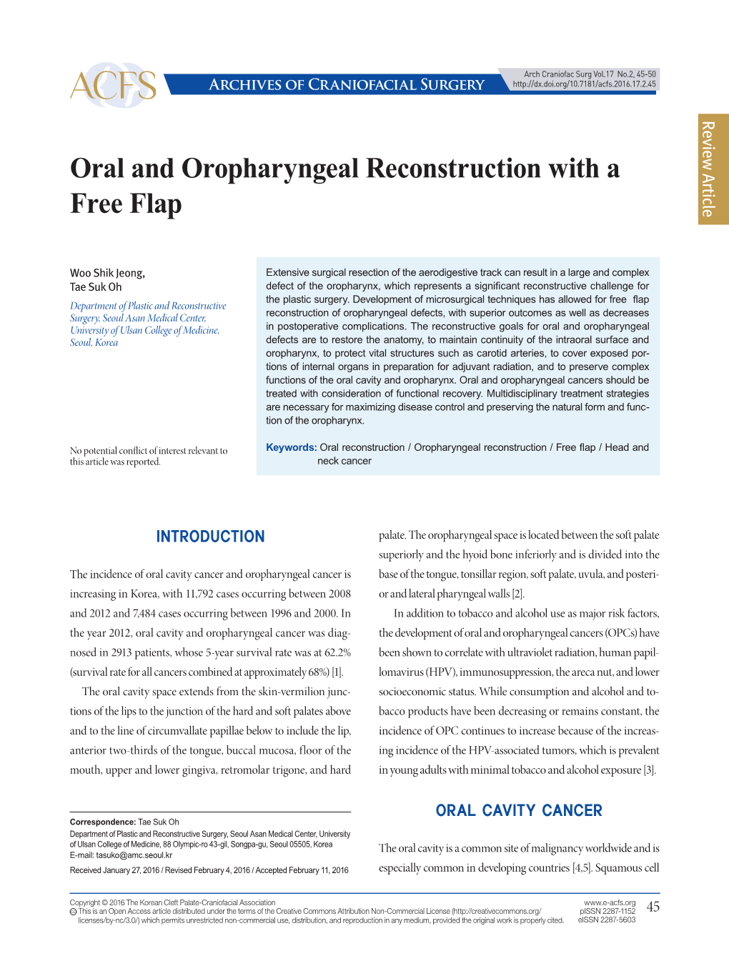 Oral and Oropharyngeal Reconstruction with a Free Flap