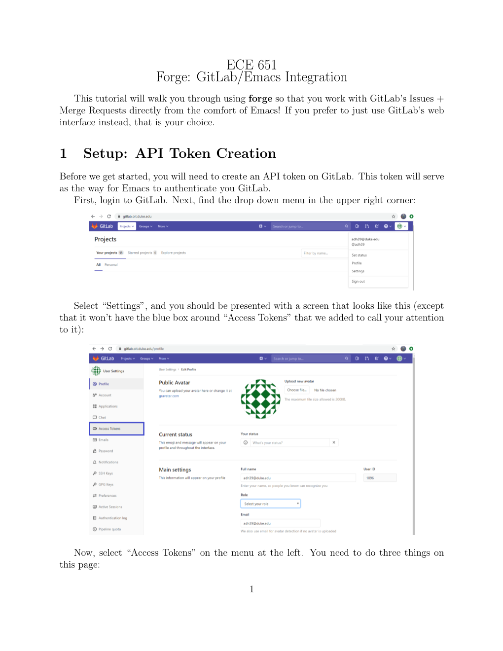 ECE 651 Forge: Gitlab/Emacs Integration 1 Setup: API Token