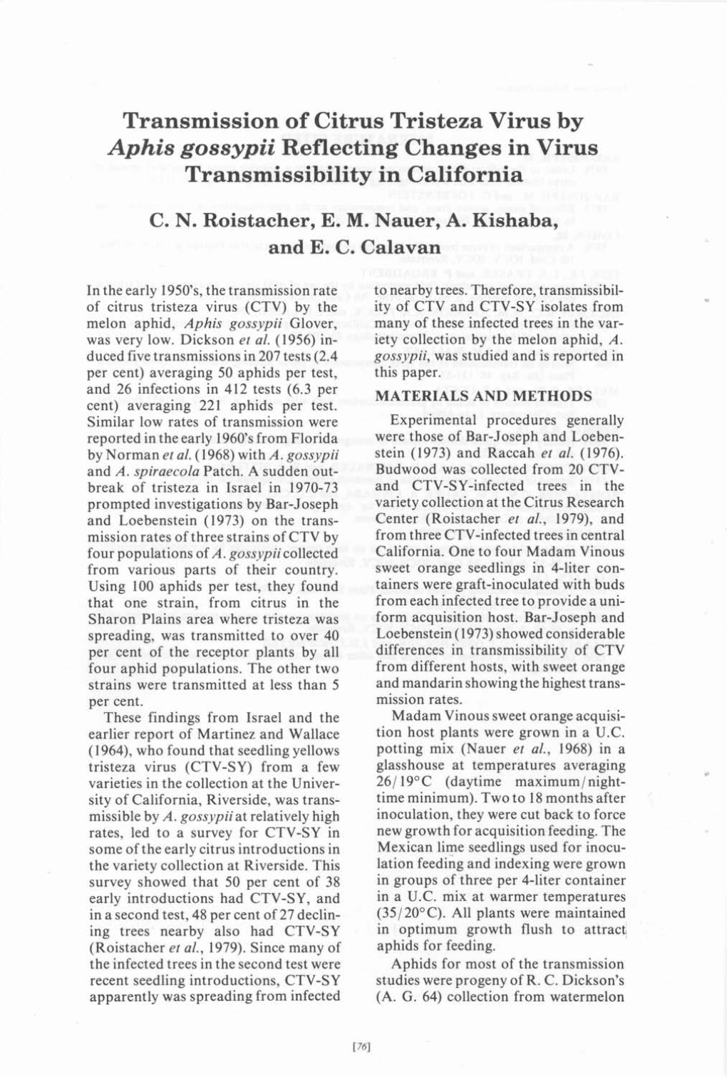 Transmission of Citrus Tristeza Virus by Aphis Gossypii Reflecting Changes in Virus Transmissibility in California