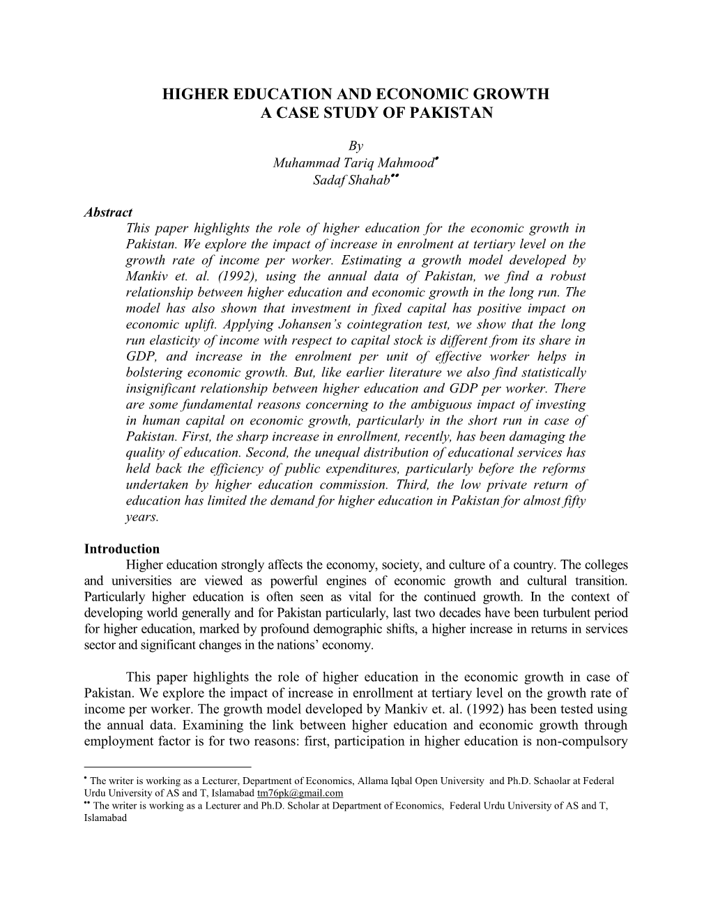 Higher Education and Economic Growth a Case Study of Pakistan