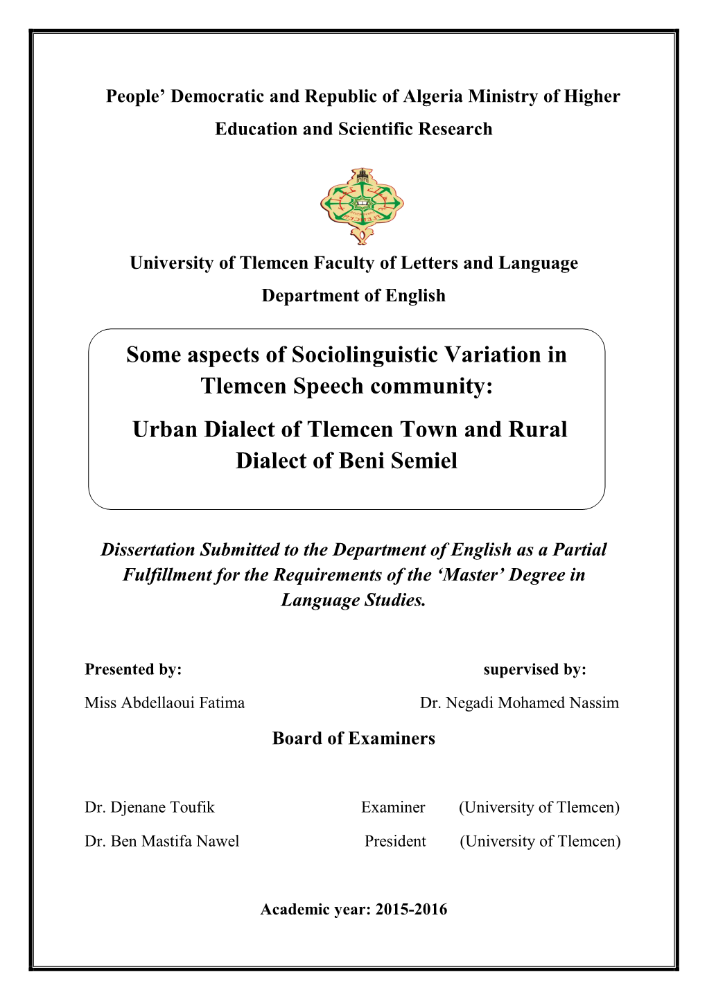 Some Aspects of Sociolinguistic Variation in Tlemcen Speech