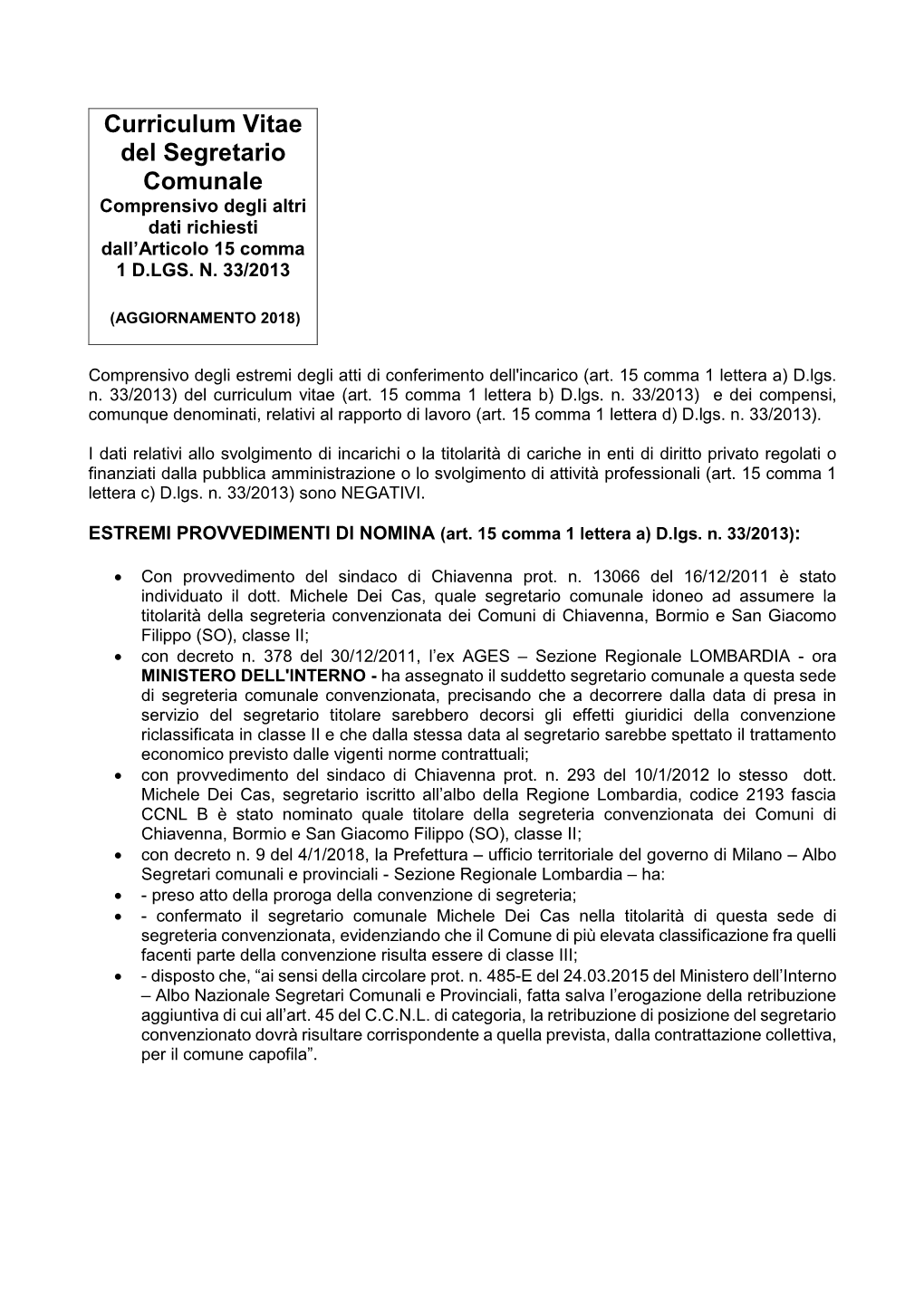 Curriculum Vitae Segretario Comunale