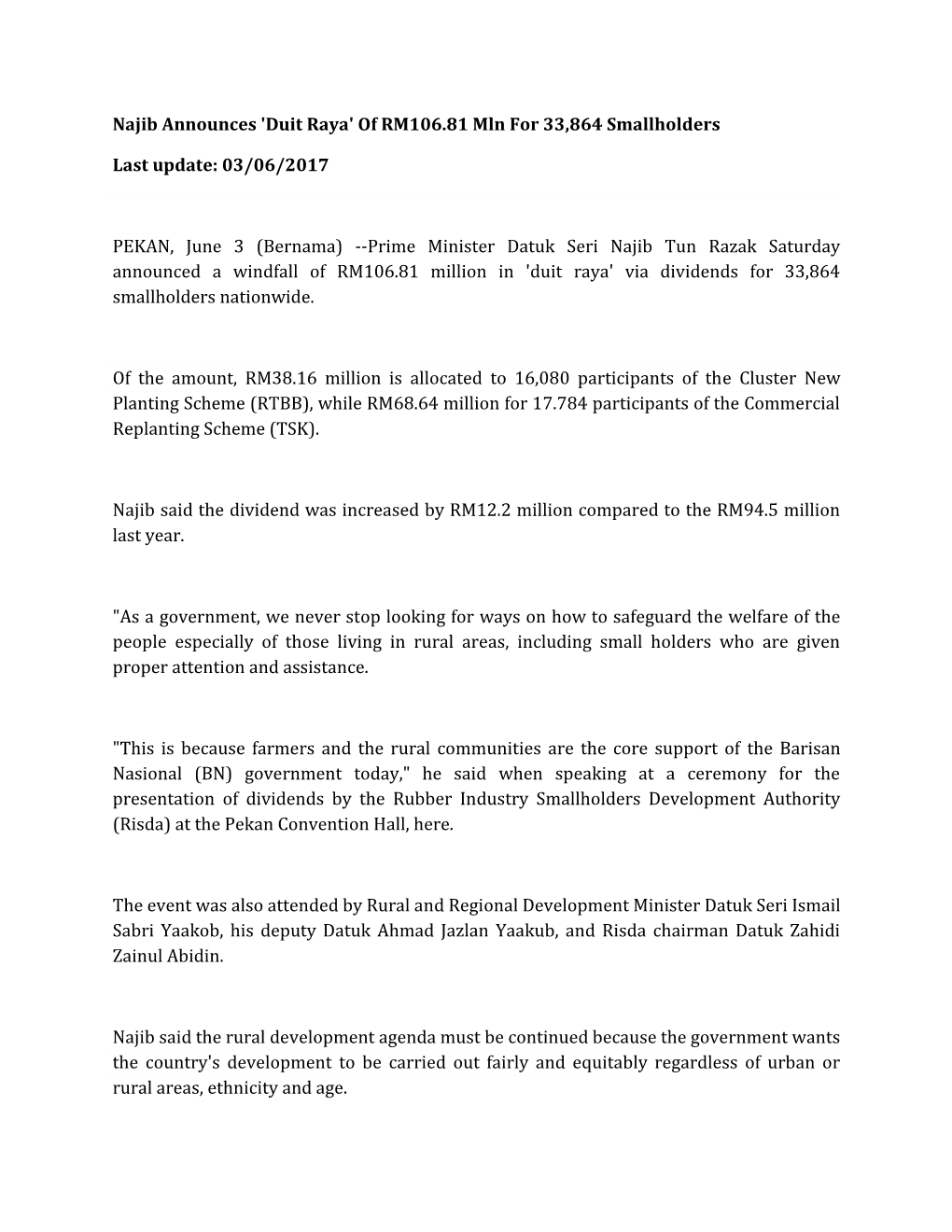 Najib Announces 'Duit Raya' of RM106.81 Mln for 33,864 Smallholders