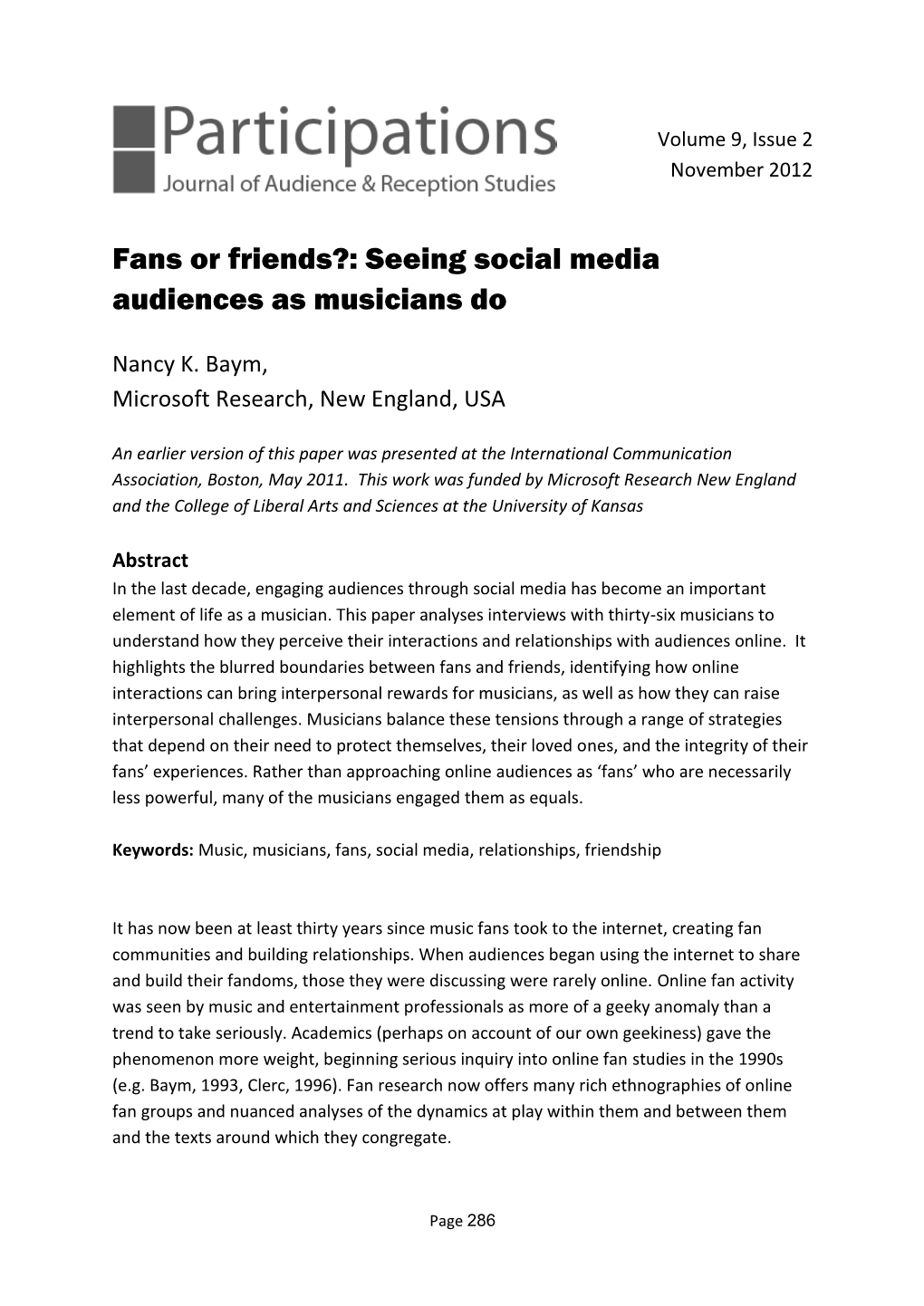 Fans Or Friends?: Seeing Social Media Audiences As Musicians Do