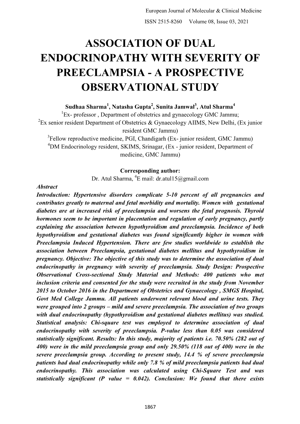 Association of Dual Endocrinopathy with Severity of Preeclampsia - a Prospective Observational Study