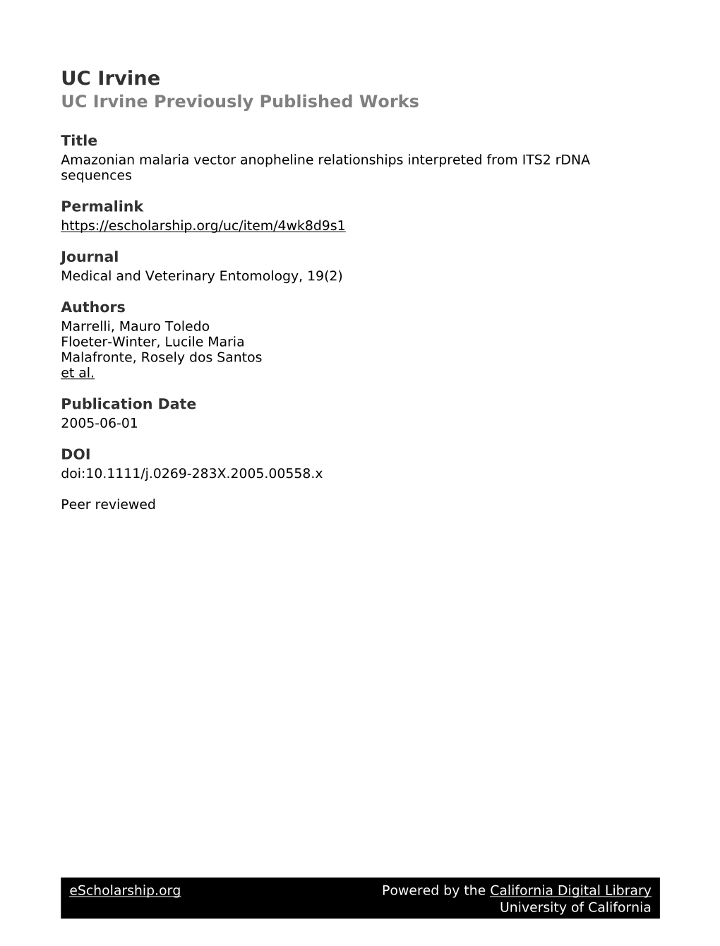 Amazonian Malaria Vector Anopheline Relationships Interpreted from ITS2 Rdna Sequences