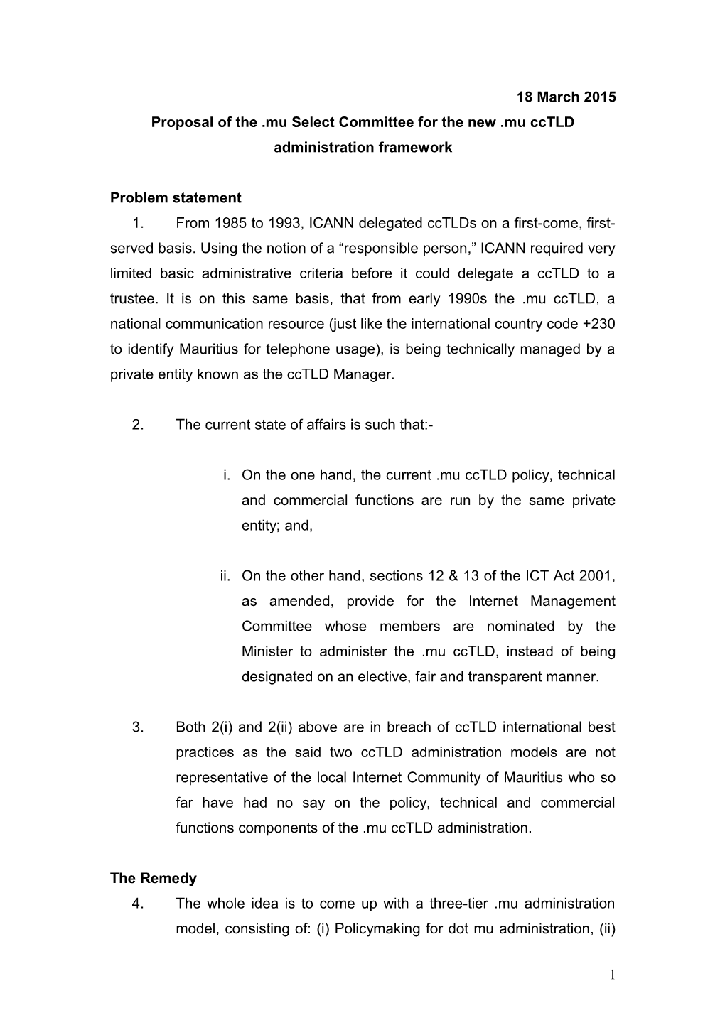 Proposal of the .Mu Select Committee for the New .Mu Cctld Administration Framework