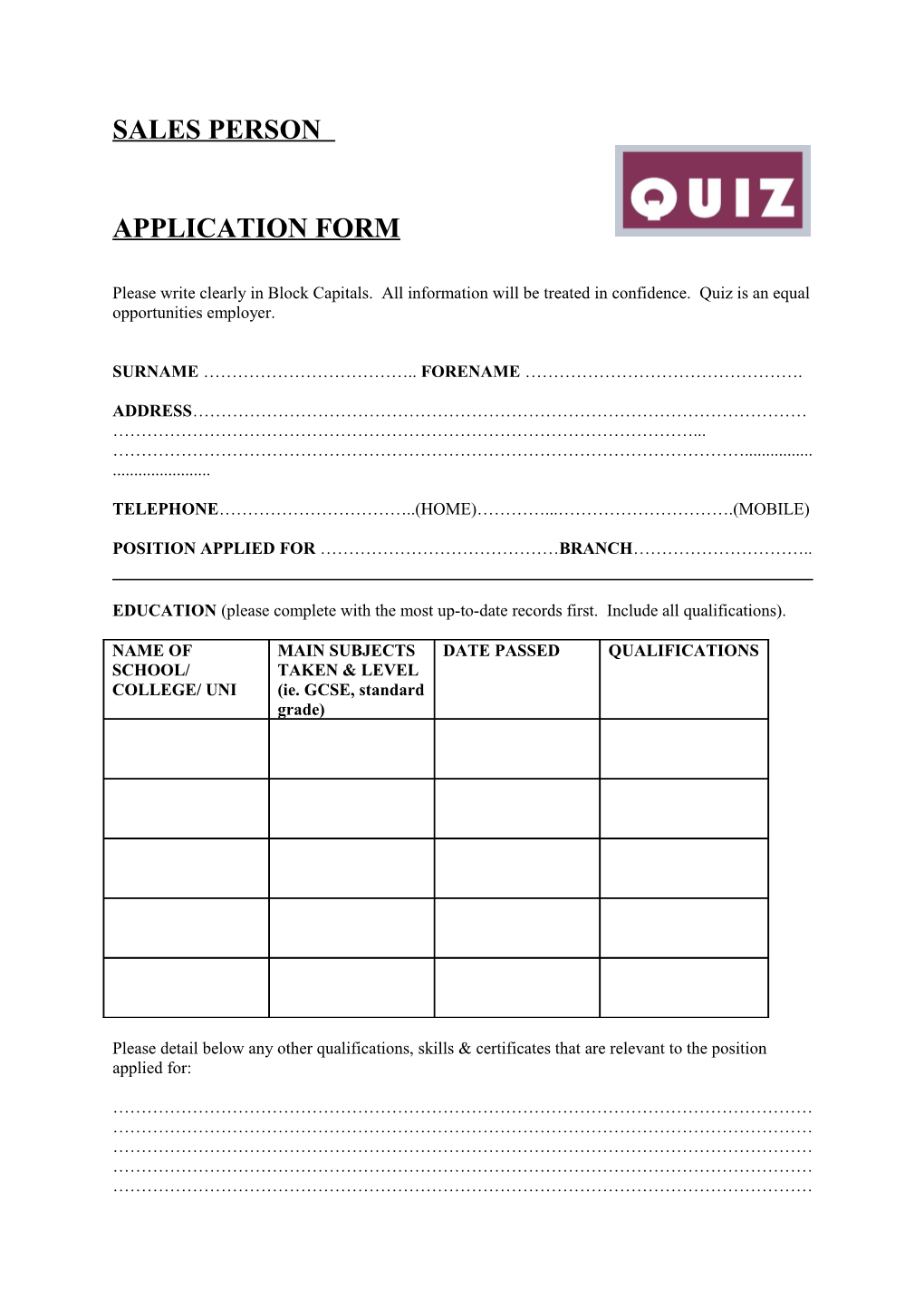 Quiz Application Form