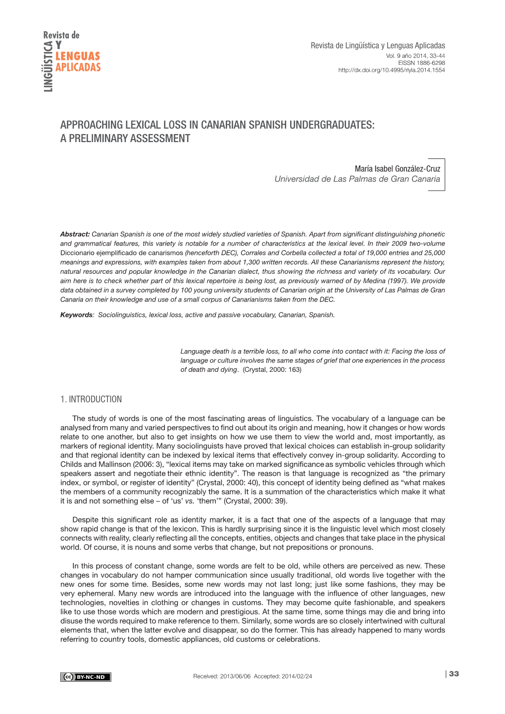 Approaching Lexical Loss in Canarian Spanish Undergraduates: a Preliminary Assessment