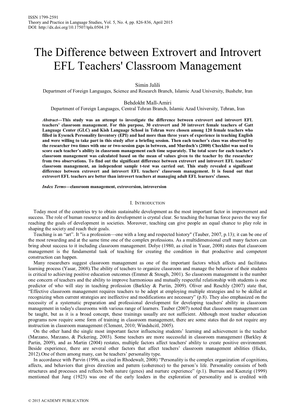 The Difference Between Extrovert and Introvert EFL Teachers' Classroom Management