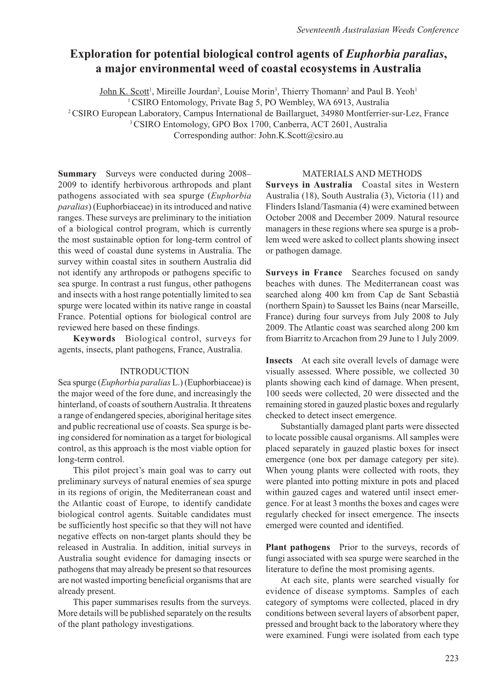 Exploration for Potential Biological Control Agents of Euphorbia Paralias, a Major Environmental Weed of Coastal Ecosystems in Australia