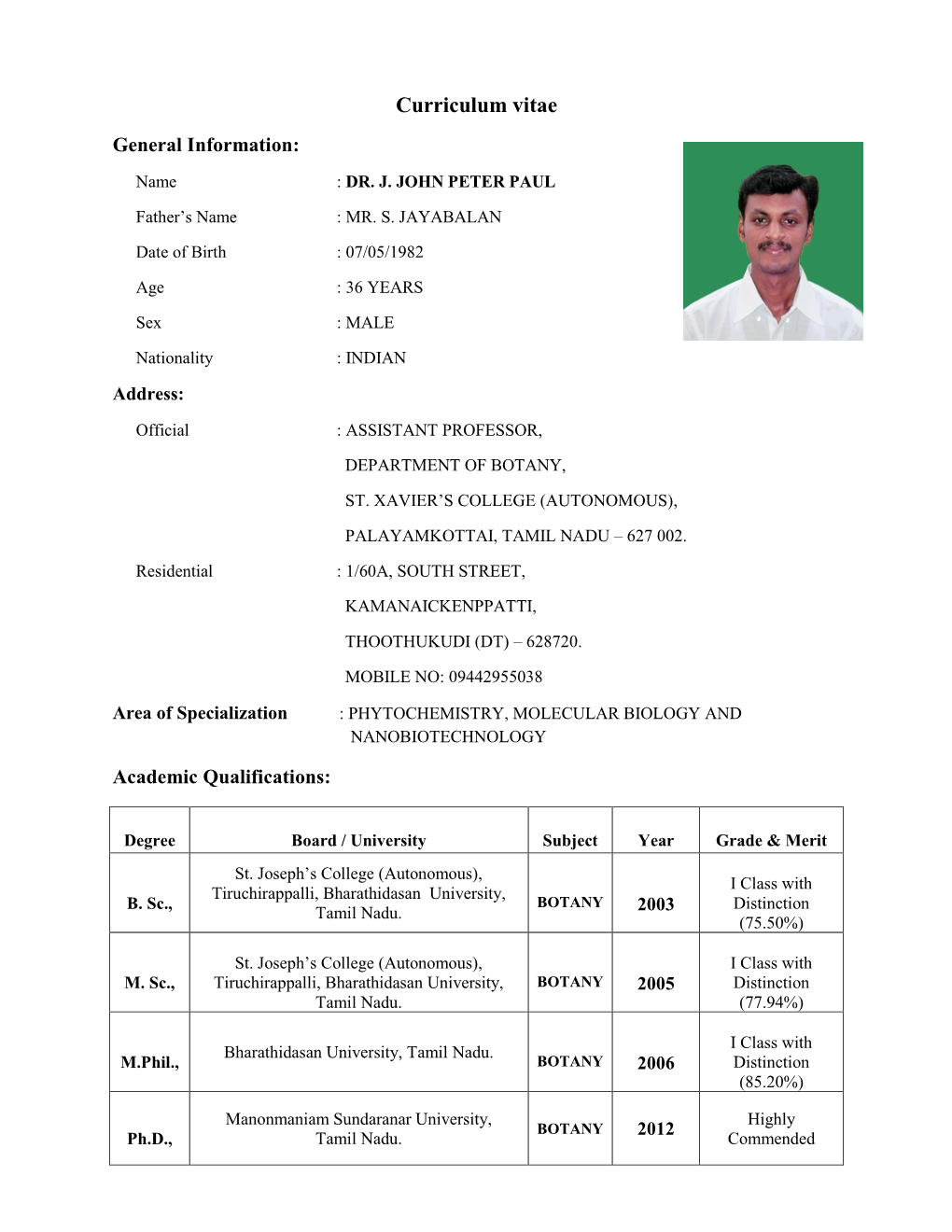 Curriculum Vitae General Information