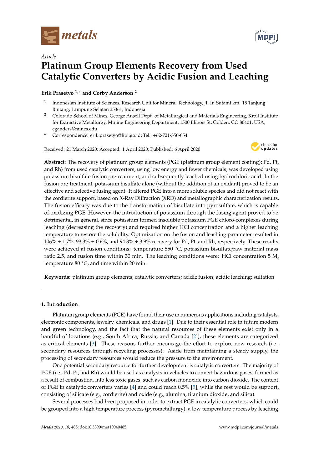 Platinum Group Elements Recovery from Used Catalytic Converters by Acidic Fusion and Leaching