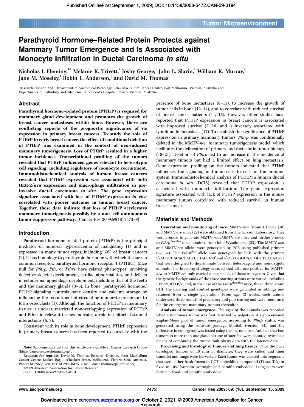 Parathyroid Hormone–Related Protein Protects Against Mammary Tumor Emergence and Is Associated with Monocyte Infiltration in Ductal Carcinoma in Situ