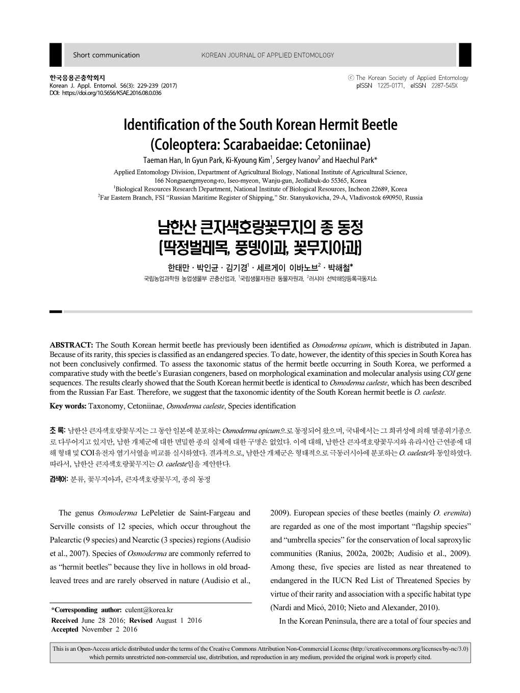 Identification of the South Korean Hermit Beetle (Coleoptera