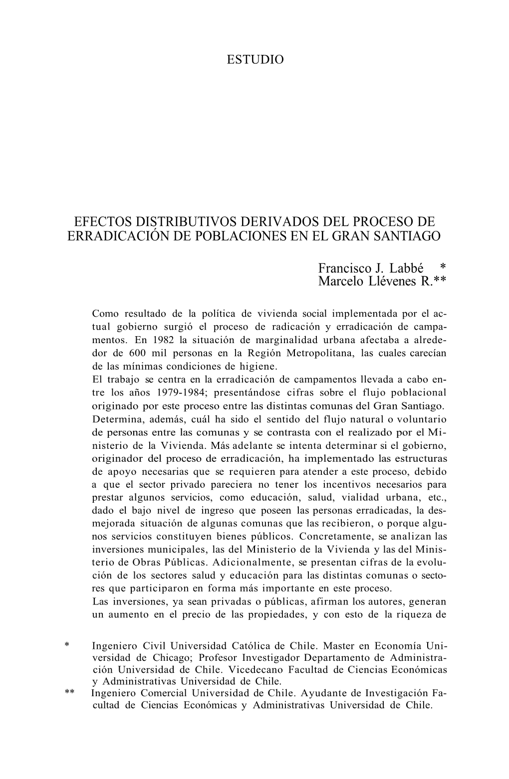 Efectos Distributivos Derivados Del Proceso De Erradicación De Poblaciones En El Gran Santiago