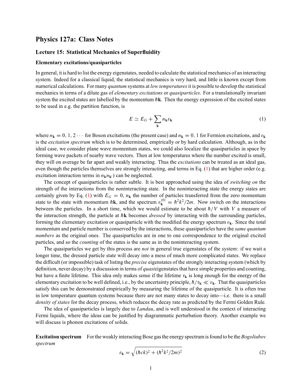 Lecture 15: Statistical Mechanics of Superfluidity