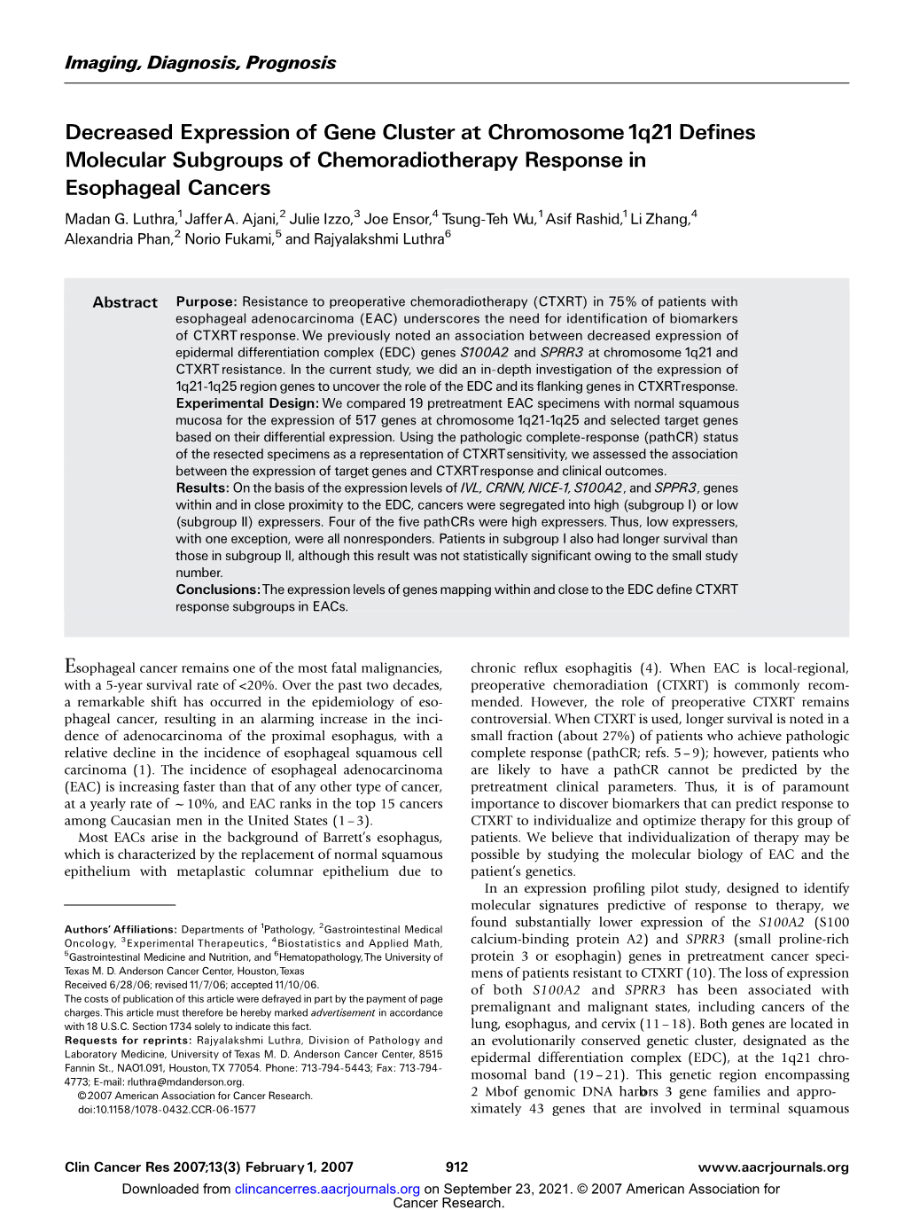 Decreased Expression of Gene Cluster at Chromosome 1Q21 Defines Molecular Subgroups of Chemoradiotherapy Response in Esophageal Cancers Madan G