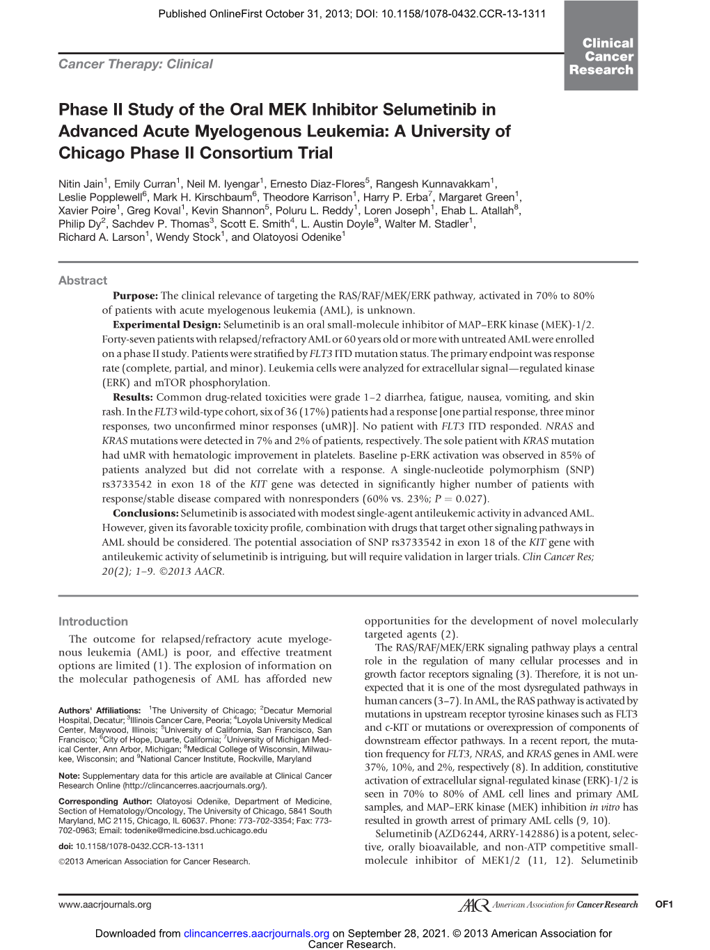 Phase II Study of the Oral MEK Inhibitor Selumetinib in Advanced Acute Myelogenous Leukemia: a University of Chicago Phase II Consortium Trial