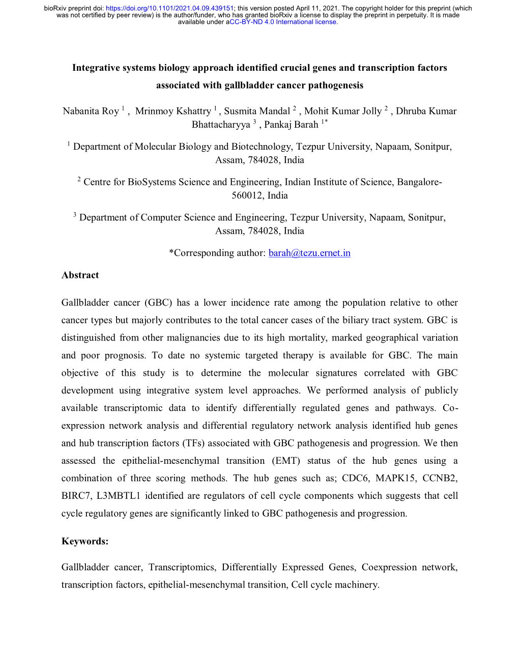 Integrative Systems Biology Approach Identified Crucial Genes and Transcription Factors Associated with Gallbladder Cancer Pathogenesis