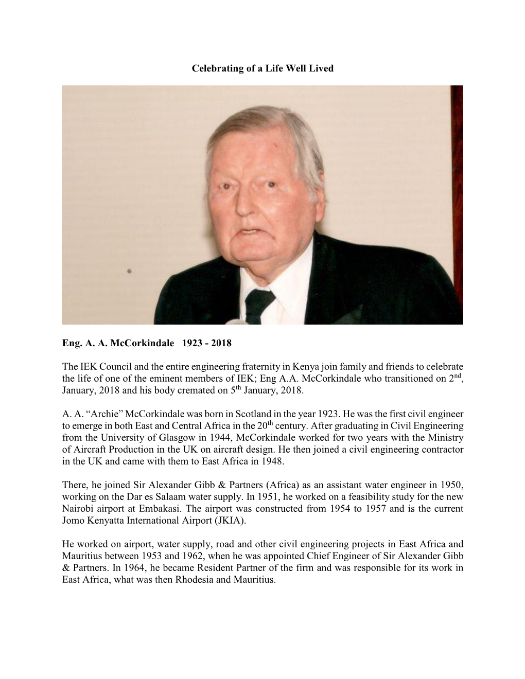 Celebrating of a Life Well Lived Eng. A. A. Mccorkindale 1923