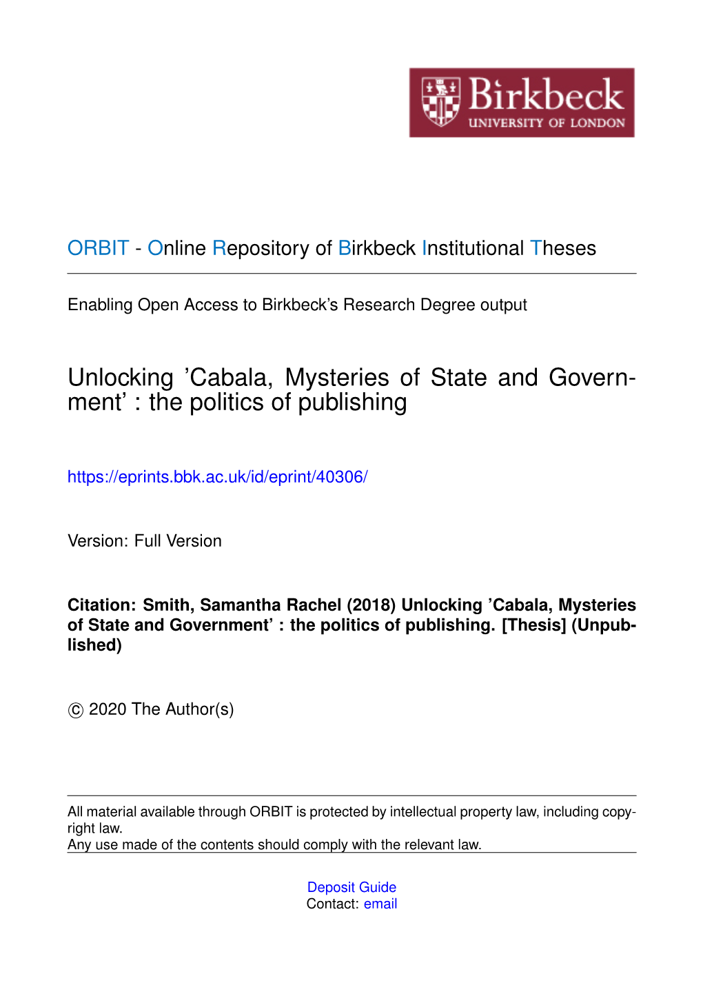 Cabala, Mysteries of State and Govern- Ment’ : the Politics of Publishing