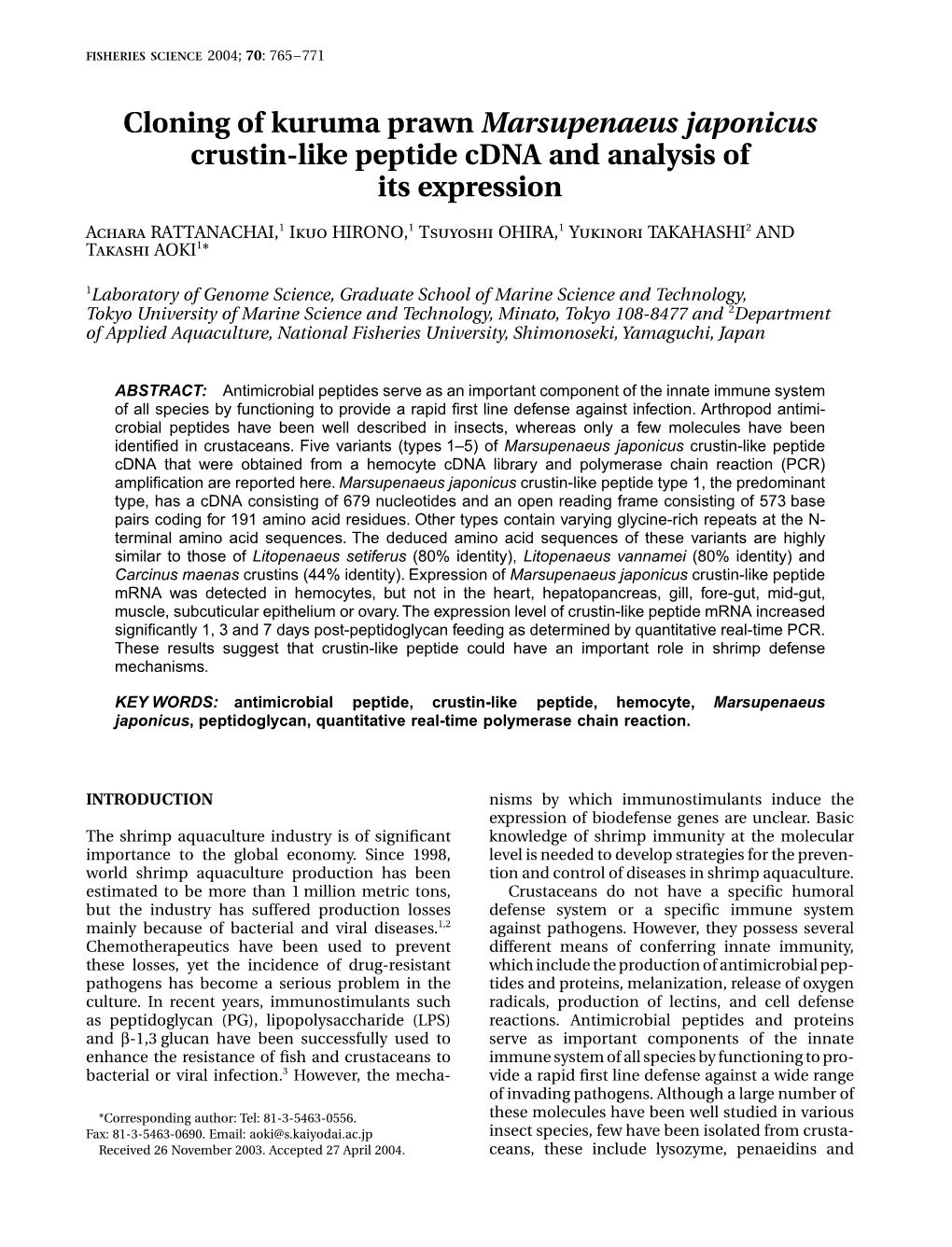 Cloning of Kuruma Prawn Marsupenaeus Japonicus Crustin-Like Peptide Cdna and Analysis of Its Expression