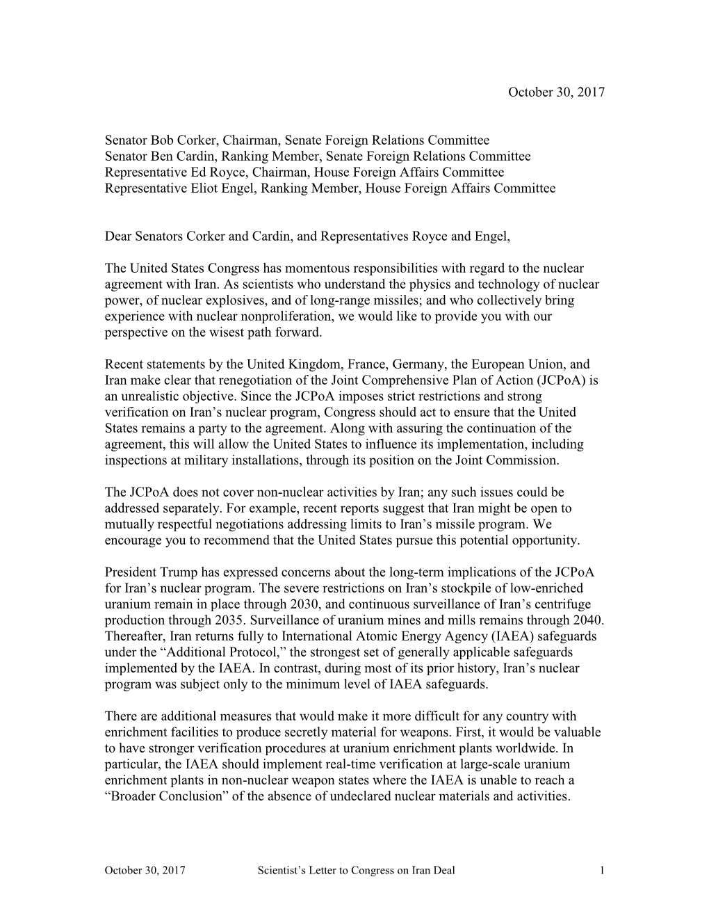 Scientists' Letter to Congress on the Iran Deal