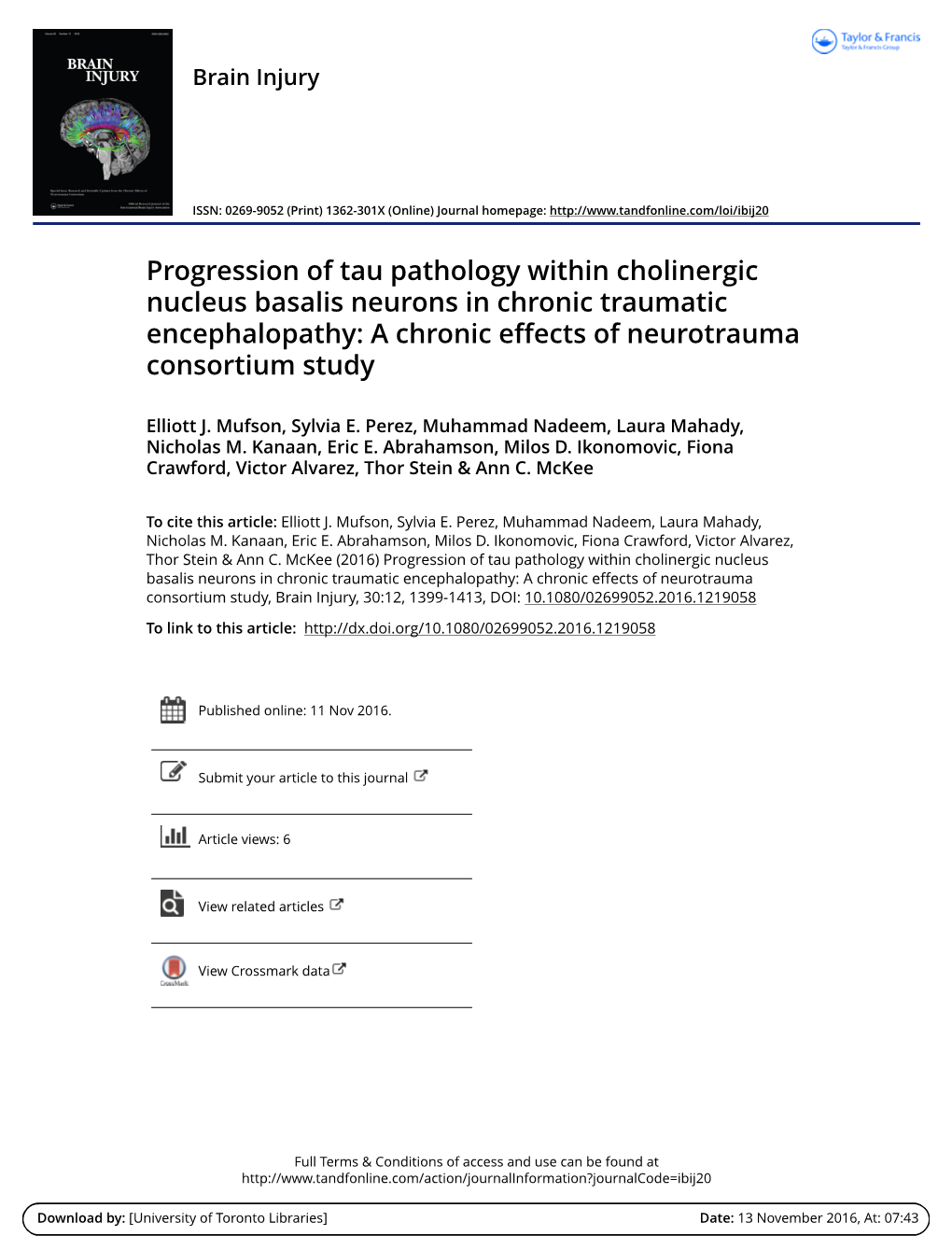 Progression of Tau Pathology Within Cholinergic Nucleus Basalis Neurons in Chronic Traumatic Encephalopathy: a Chronic Effects of Neurotrauma Consortium Study