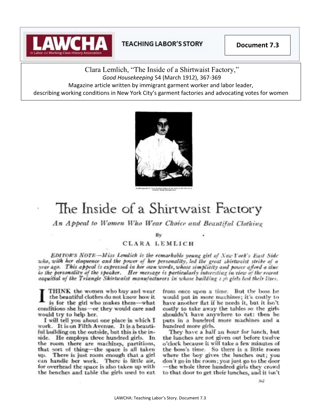 Clara Lemlich, “The Inside of a Shirtwaist Factory,”