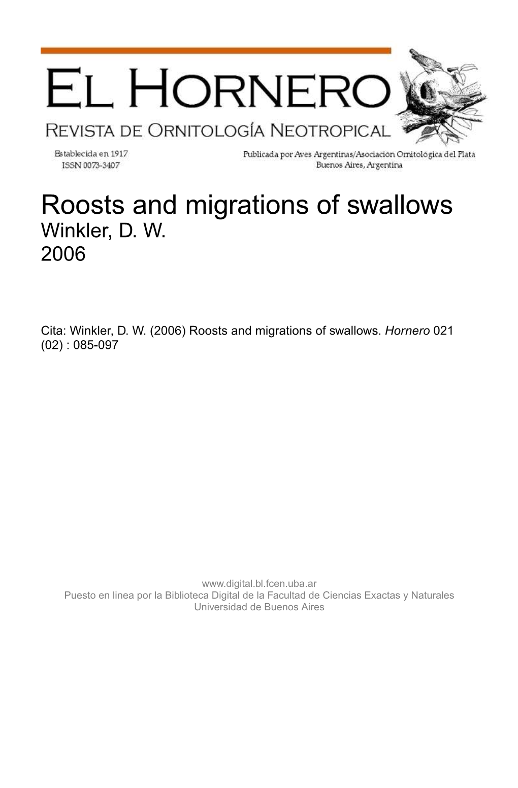 Roosts and Migrations of Swallows Winkler, D