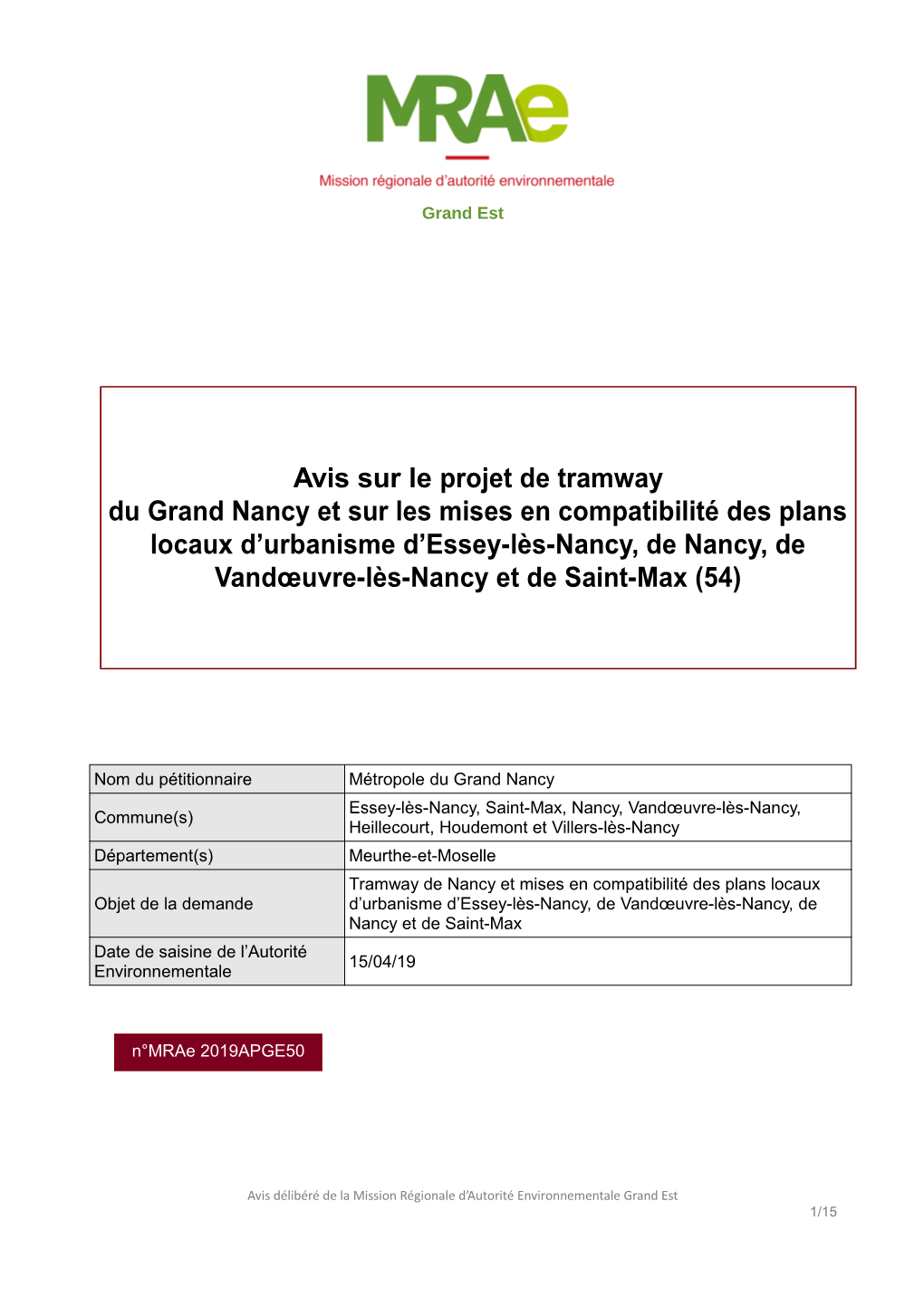 Avis Sur Le Projet De Tramway Du Grand Nancy Et Sur Les Mises En