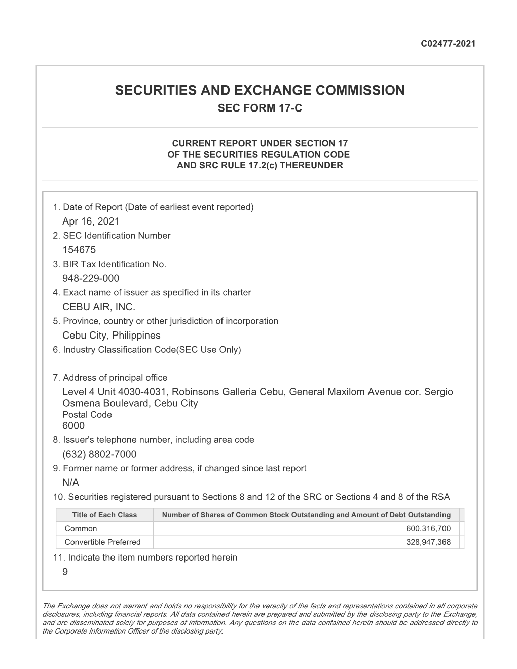 Securities and Exchange Commission Sec Form 17-C