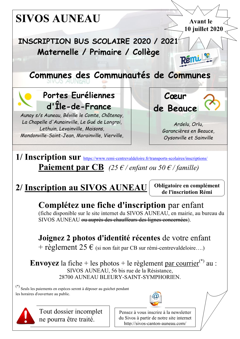 Inscription Bus Scolaire 2020 / 2021