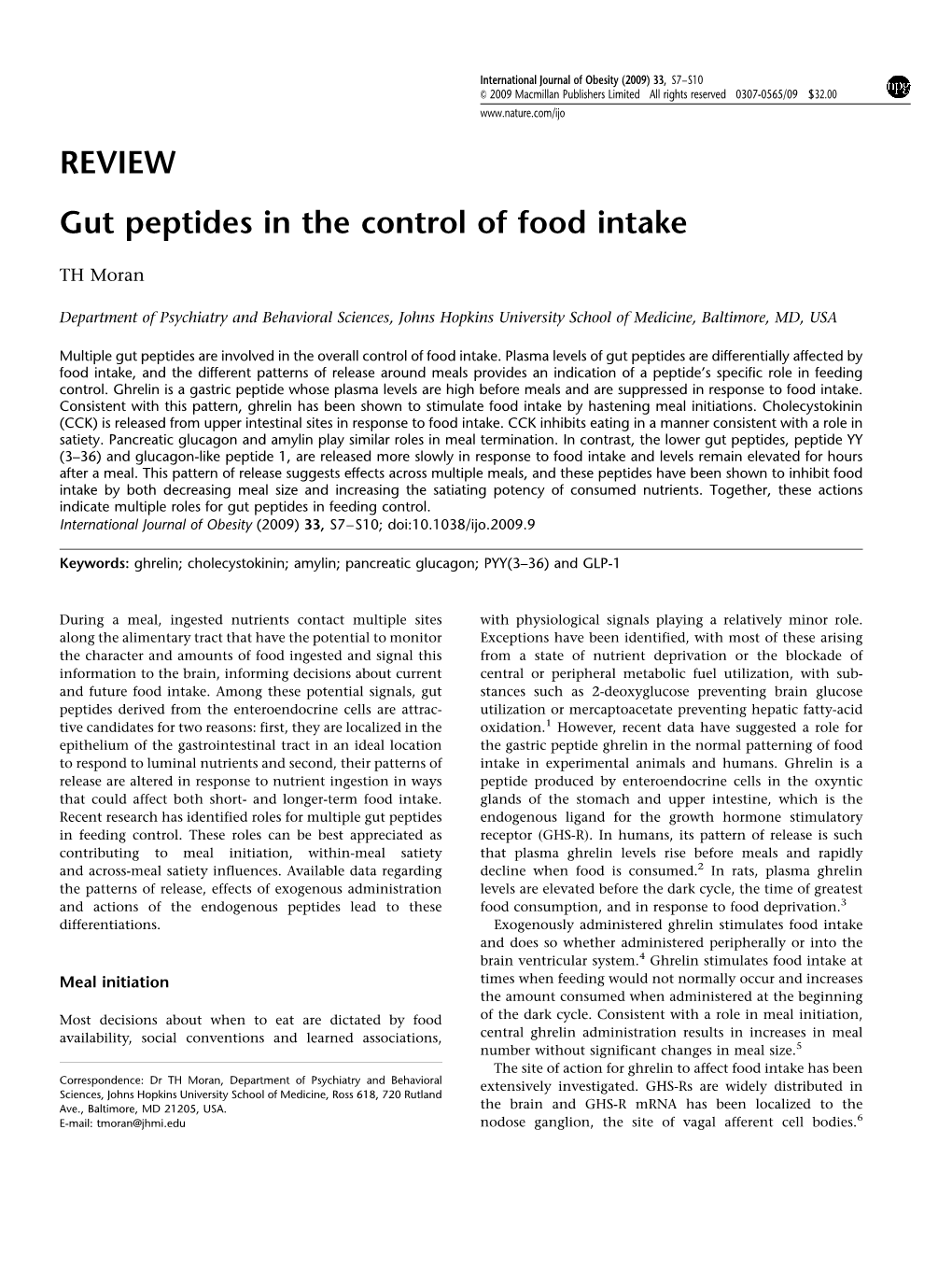 Gut Peptides in the Control of Food Intake
