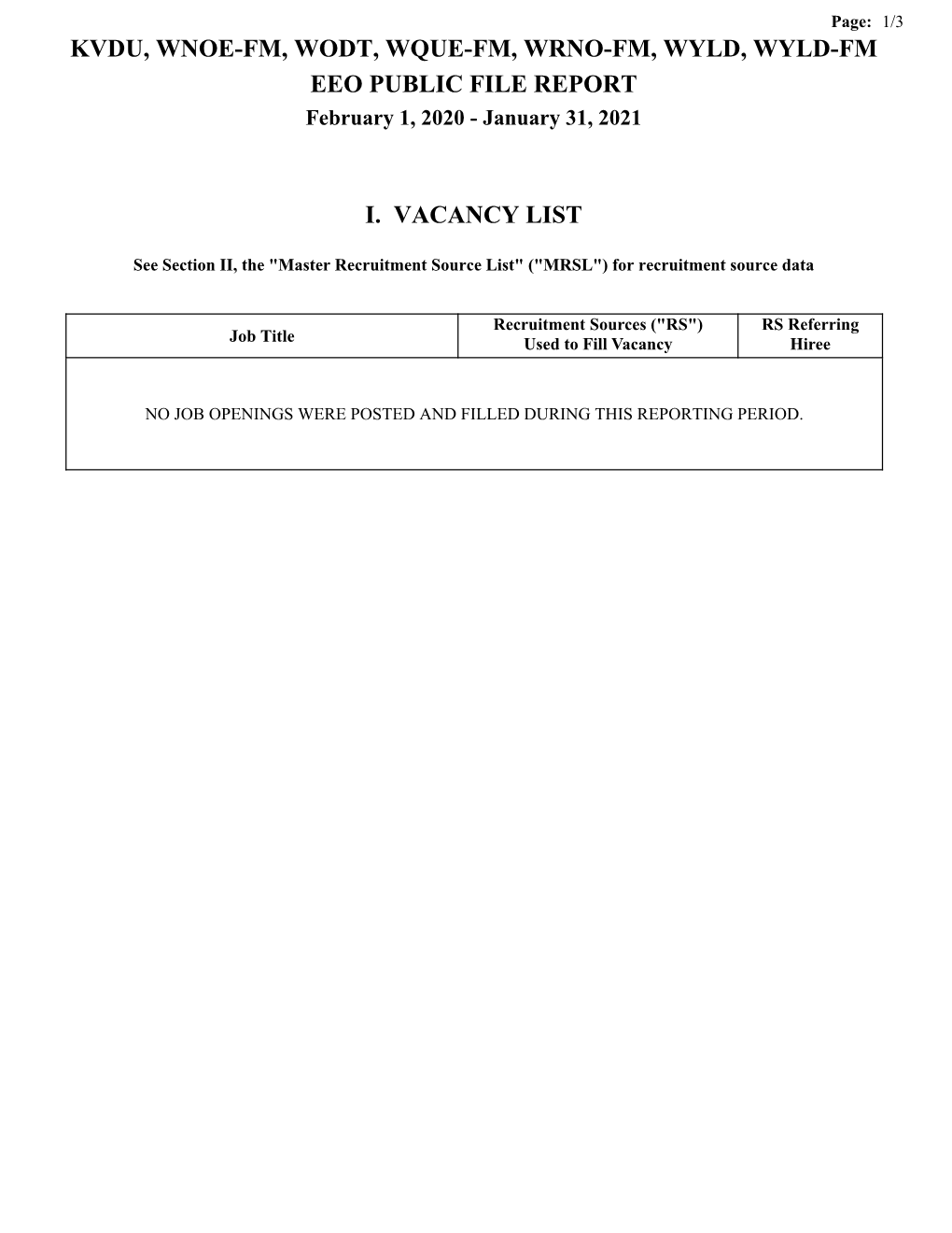 KVDU, WNOE-FM, WODT, WQUE-FM, WRNO-FM, WYLD, WYLD-FM EEO PUBLIC FILE REPORT February 1, 2020 - January 31, 2021