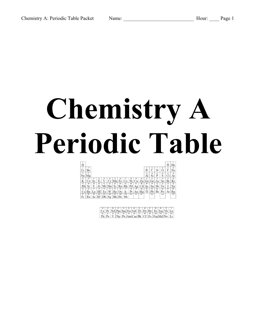 Chemistry A- Periodic Table Packet s1