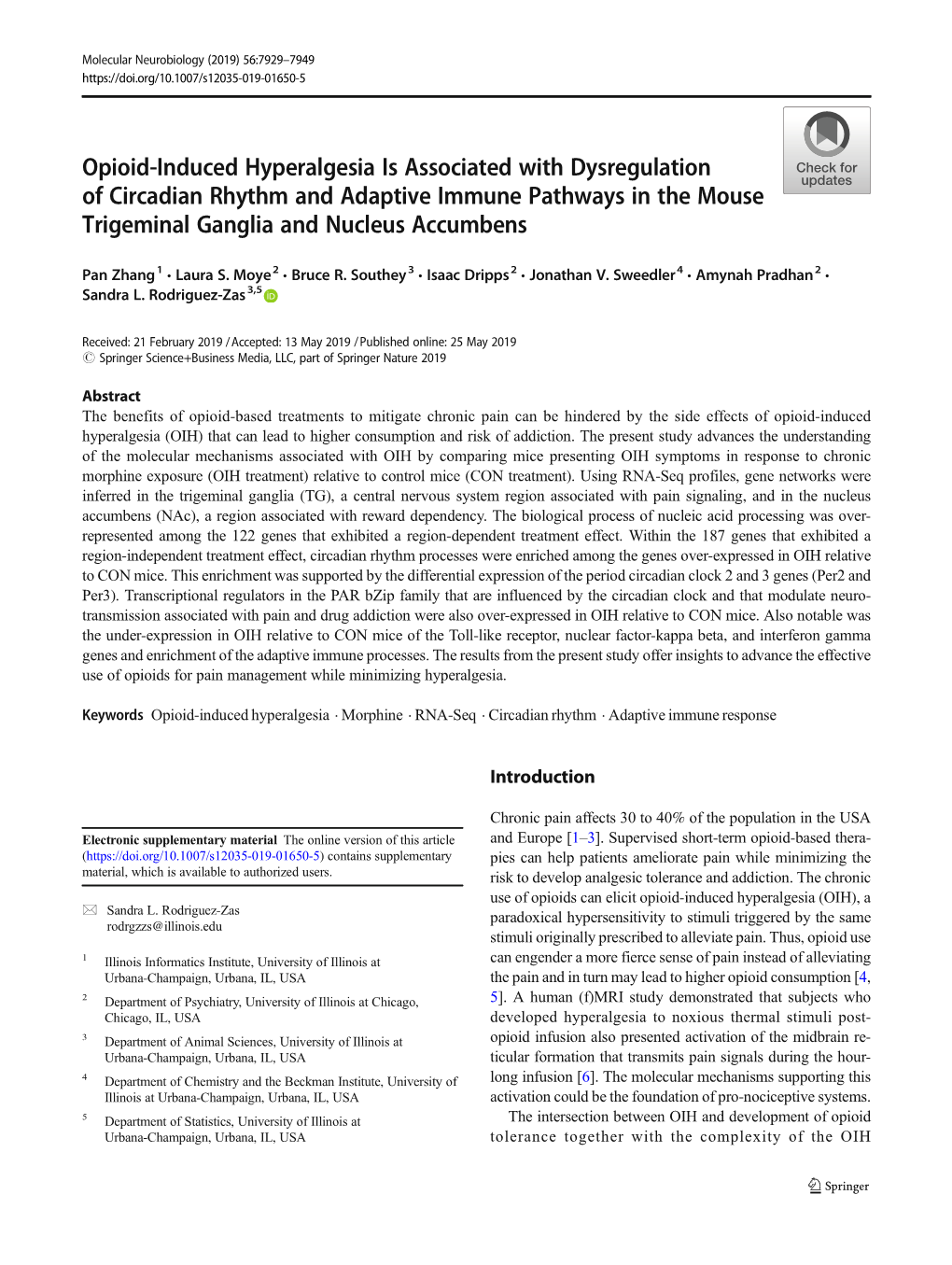 Opioid-Induced Hyperalgesia Is Associated with Dysregulation of Circadian Rhythm and Adaptive Immune Pathways in the Mouse Trigeminal Ganglia and Nucleus Accumbens