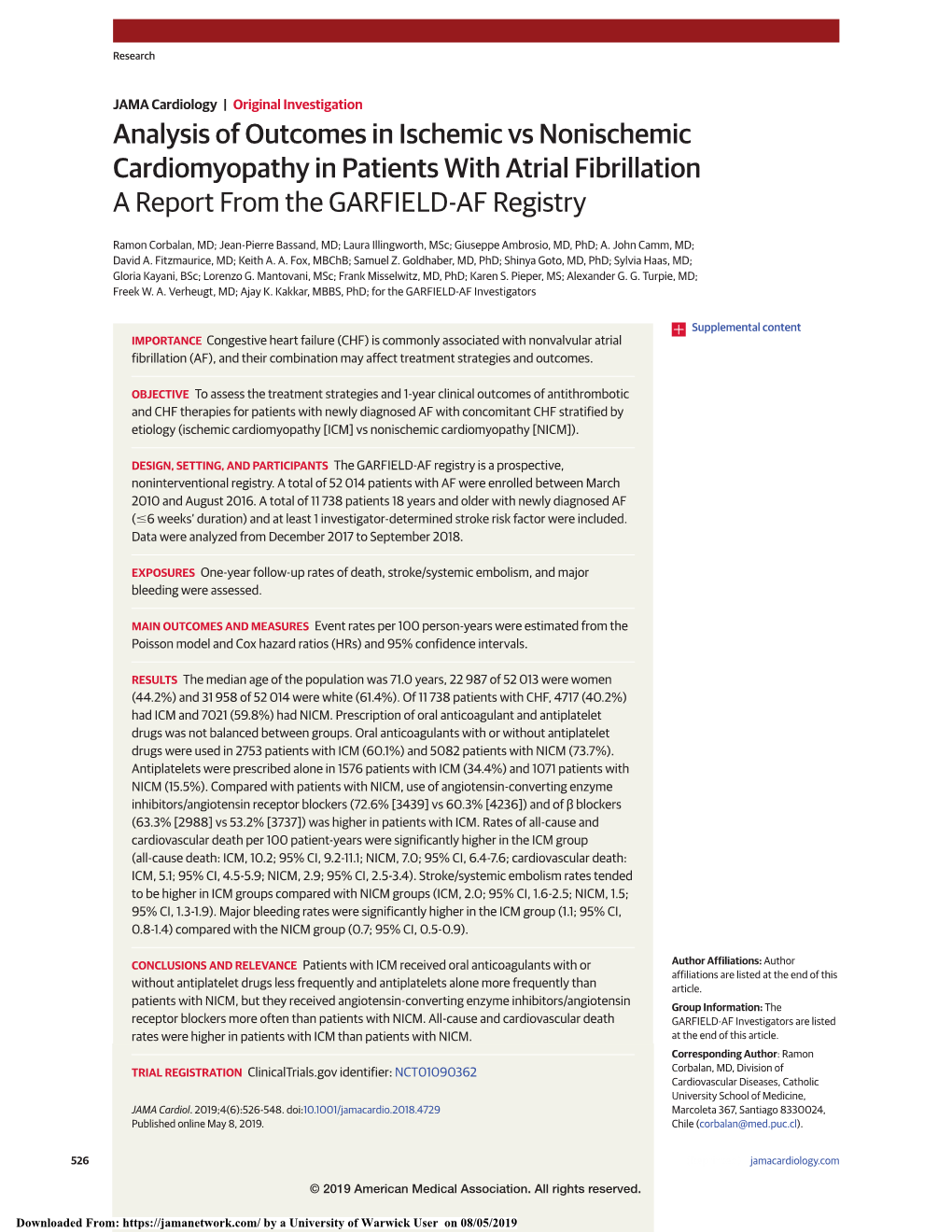 Analysis of Outcomes in Ischemic Vs Nonischemic Cardiomyopathy in Patients with Atrial Fibrillation a Report from the GARFIELD-AF Registry