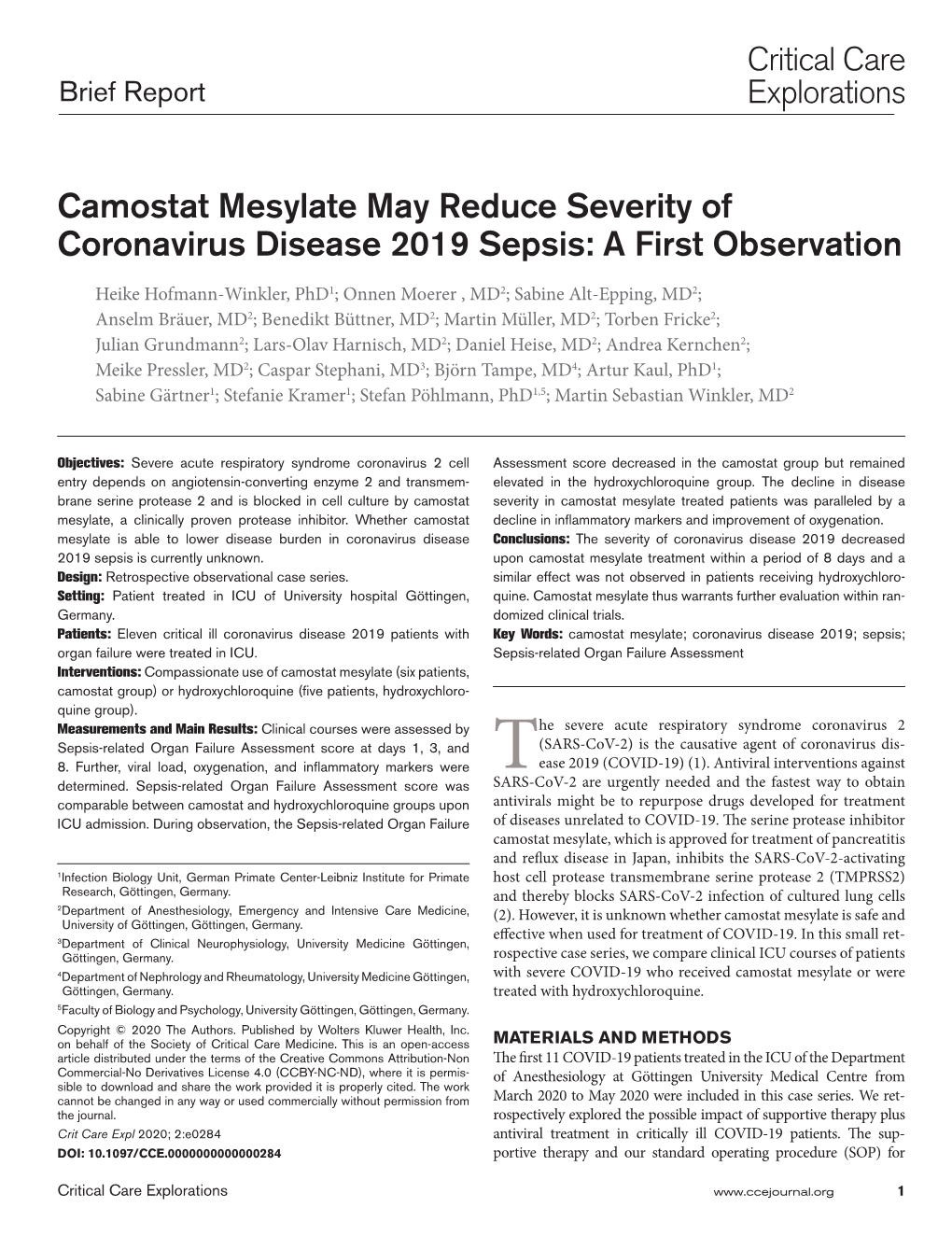 Camostat Mesylate May Reduce Severity of Coronavirus Disease 2019 Sepsis: a First Observation