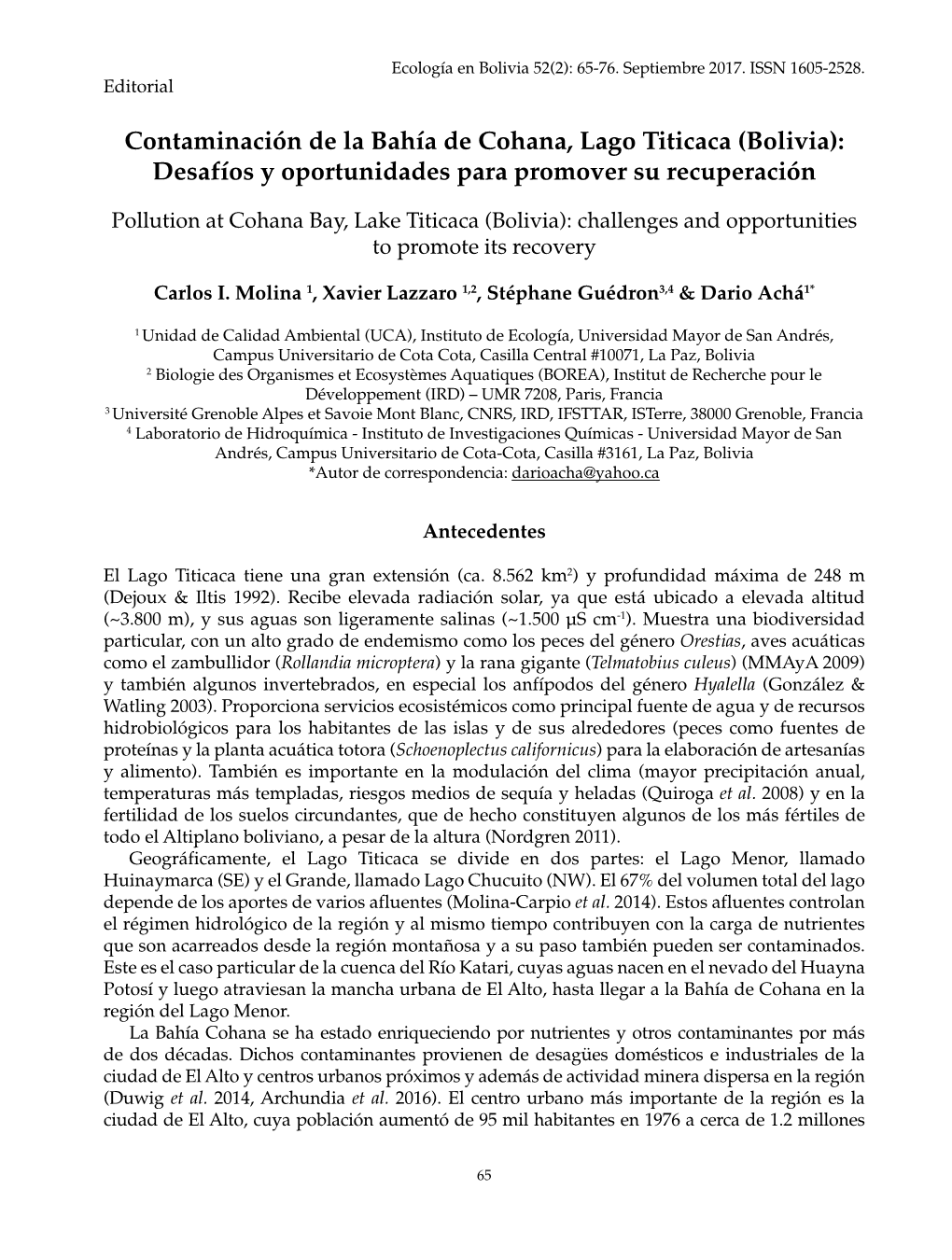 Contaminación De La Bahía De Cohana, Lago Titicaca (Bolivia): Desafíos Y Oportunidades Para Promover Su Recuperación