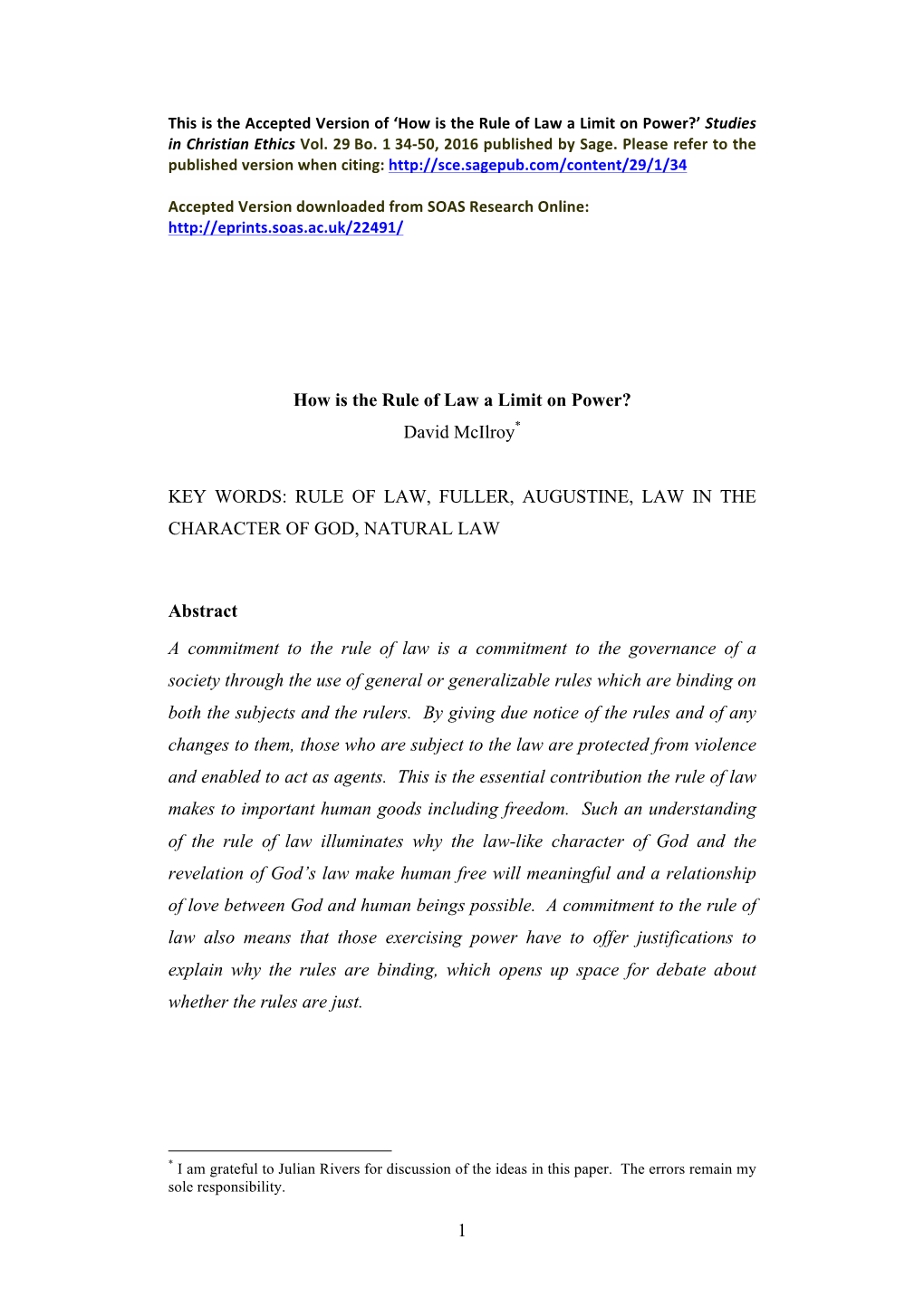 David Mcilroy* KEY WORDS: RULE of LAW, FULLER, AUGUSTINE
