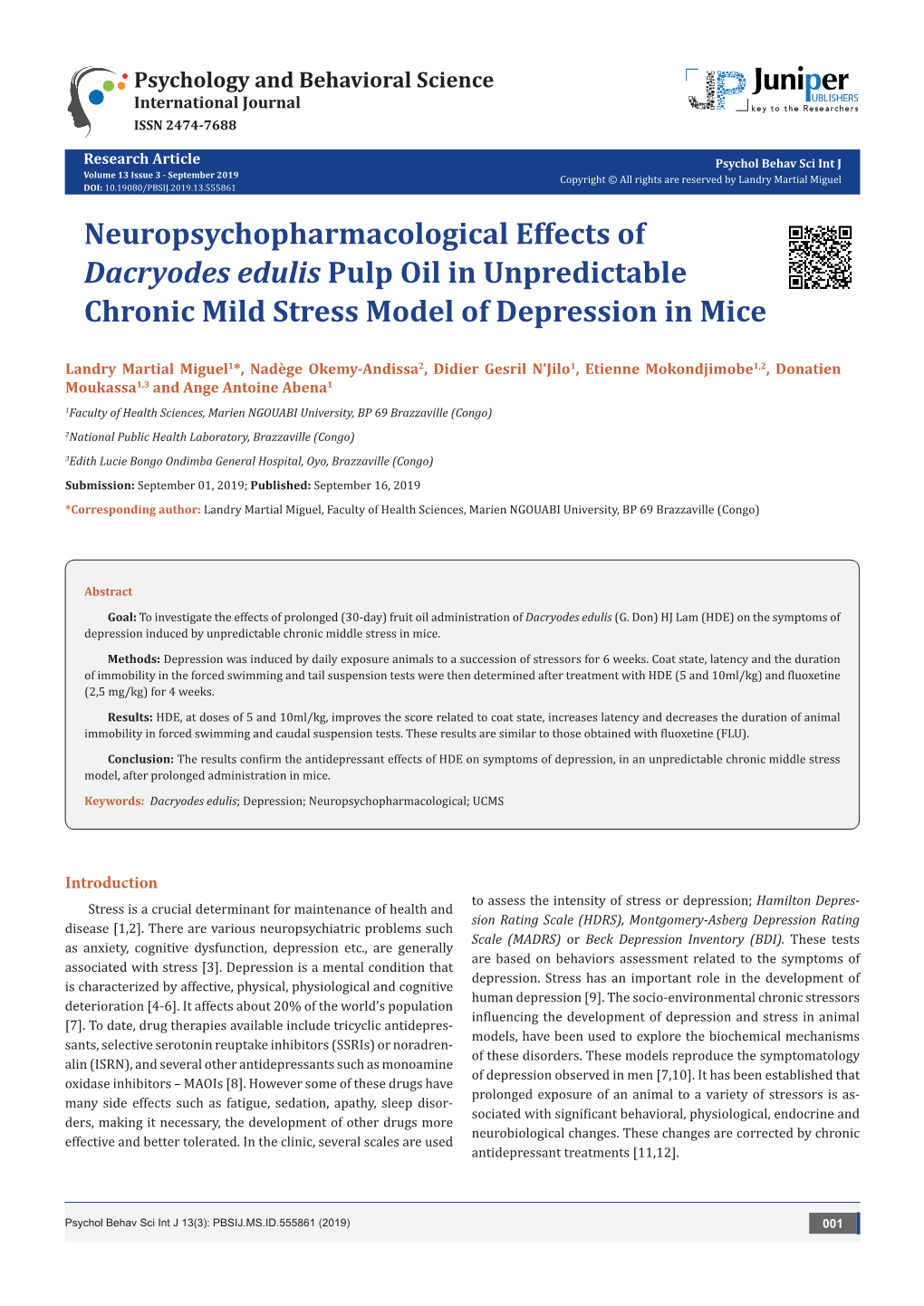 Neuropsychopharmacological Effects of Dacryodes Edulis Pulp Oil in Unpredictable Chronic Mild Stress Model of Depression in Mice