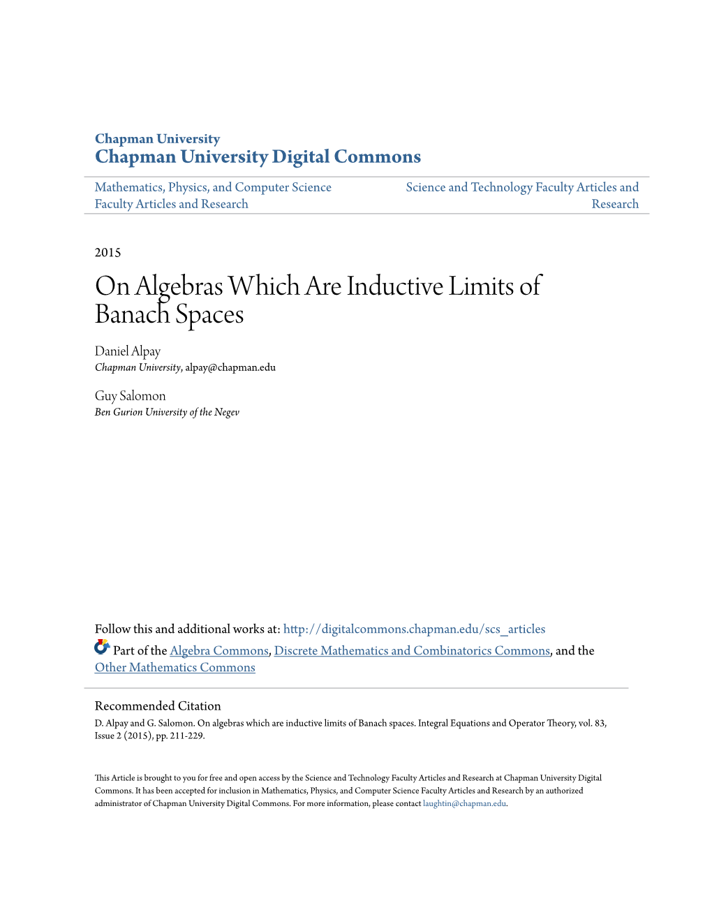 On Algebras Which Are Inductive Limits of Banach Spaces Daniel Alpay Chapman University, Alpay@Chapman.Edu