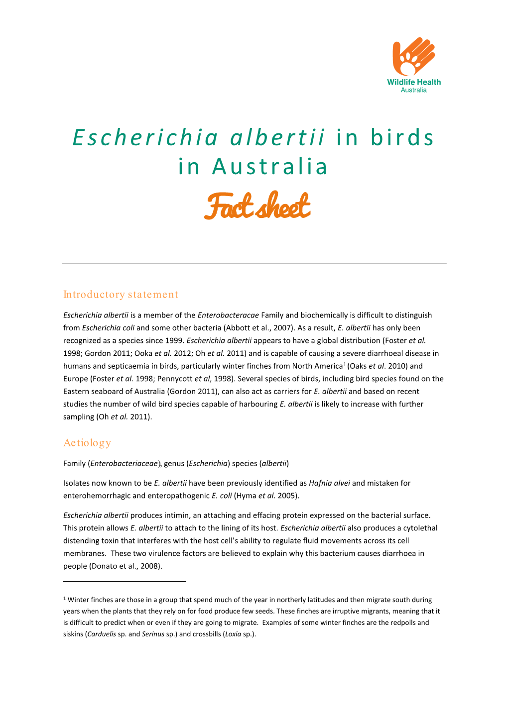 Escherichia Albertii in Birds in Australia Fact Sheet