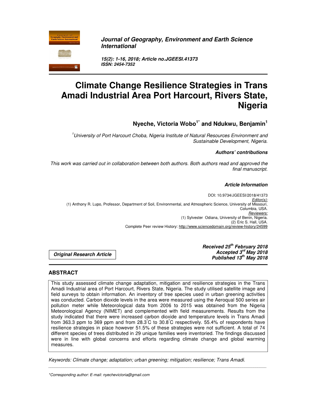 Climate Change Resilience Strategies in Trans Amadi Industrial Area Port Harcourt, Rivers State, Nigeria